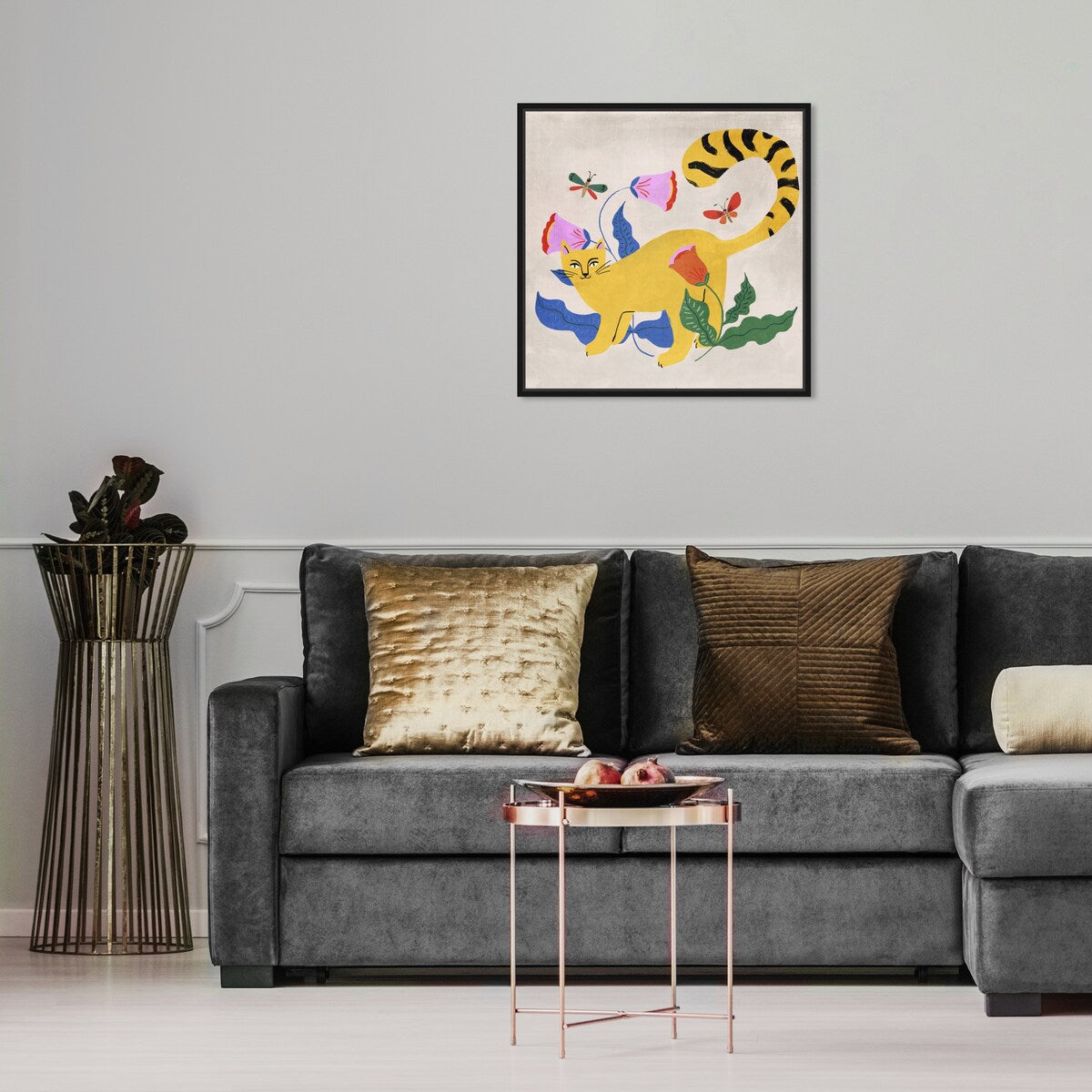 Blonde Tabby Floral Kitten Butterfly Garden Modern Yellow Framed Canvas Wall Art Print - Home Decor for Bedroom, Living Room & Nursery