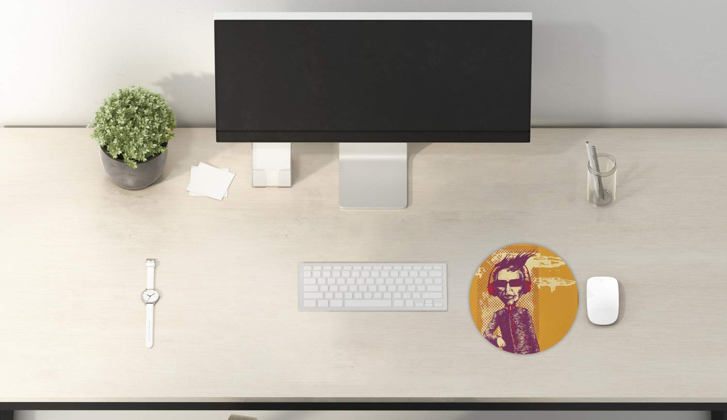 Ambesonne Modern Round Mouse Pad for Computers & Gaming - Non-Slip Thick Rubber Base with Grunge Music Culture Illustration (8 Inch, Marigold Maroon) - Perfect for Office, Gaming & Home Workspace