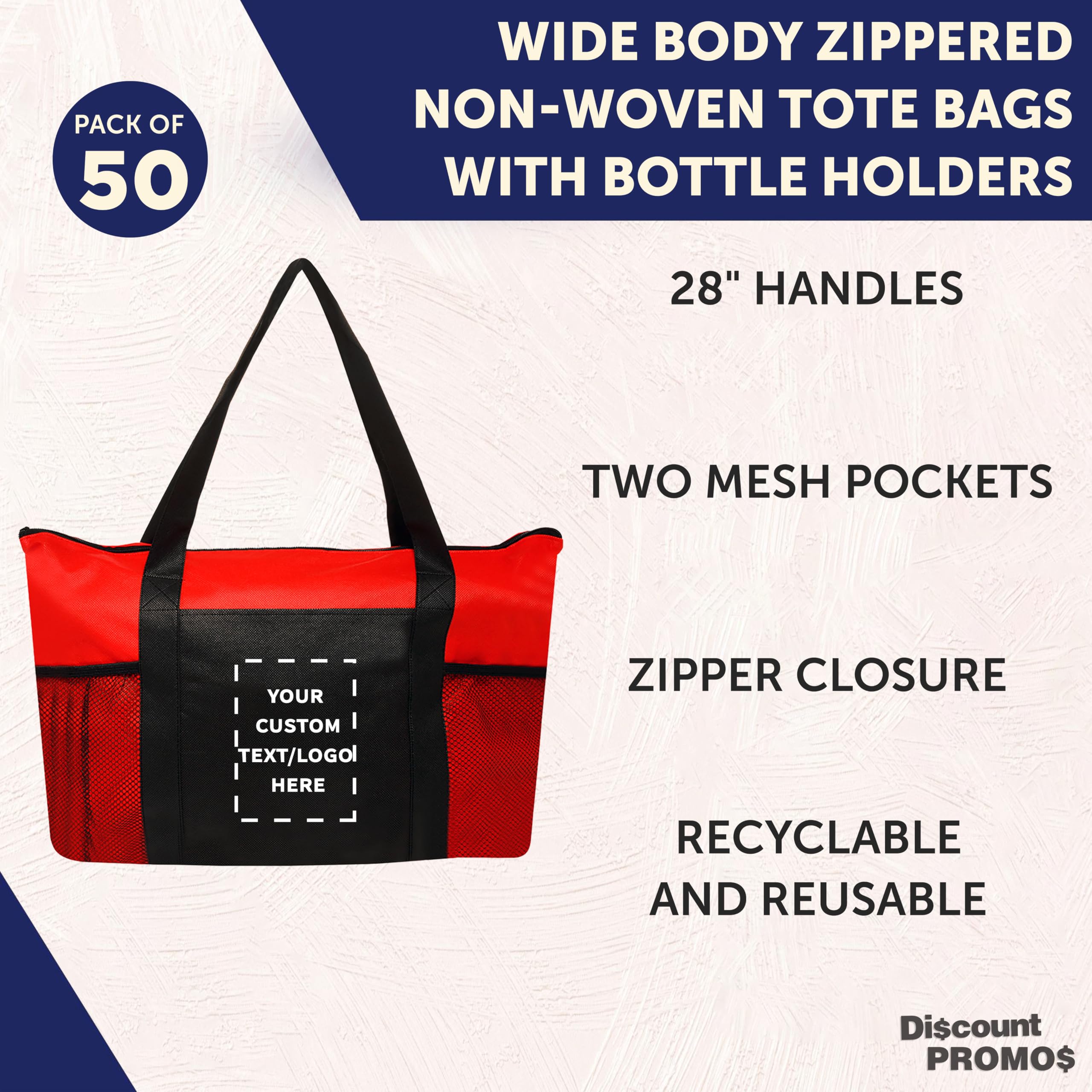 50 Pack Customizable Zippered Non-Woven Tote Bags with Mesh Pocket - Eco-Friendly Reusable Shopping Bags (19