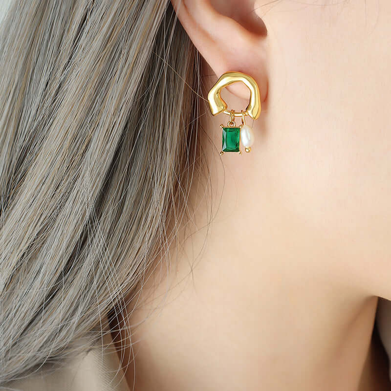 18K Gold Pearl Baguette Huggie Hoop Earrings for Women | Elegant Dainty Pearl Stud Earrings | Perfect for Weddings, Parties & Everyday Wear (JDE251)