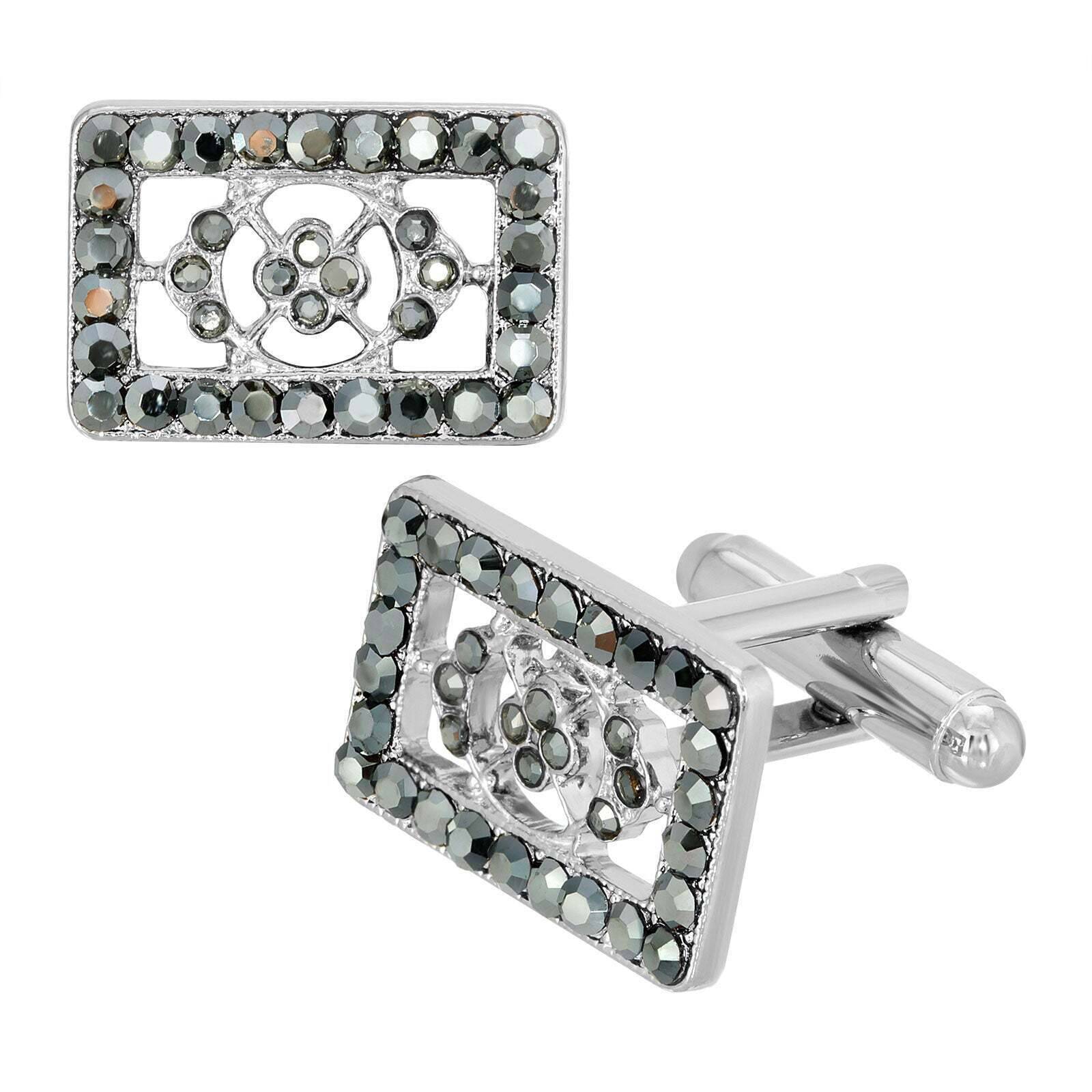 1928 Jewelry Hematite Color Crystal Rectangle Cufflinks for Men - Stylish Dress Accessories for Wedding, Business & Formal Occasions