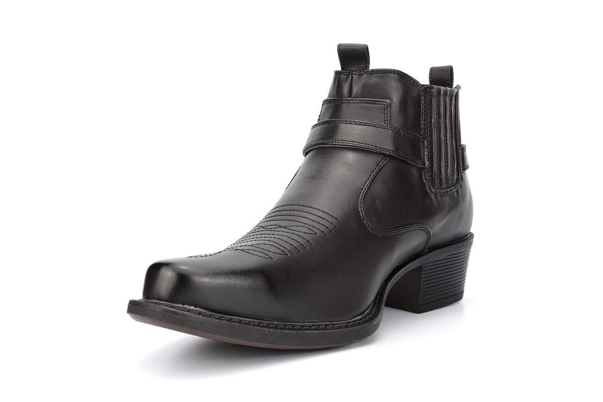 Authentic US Brass Men's Cowboy Boots - Western Ankle Boots with Heel | Black Leather Riding Boots for Country Music Festivals & Rodeo Events