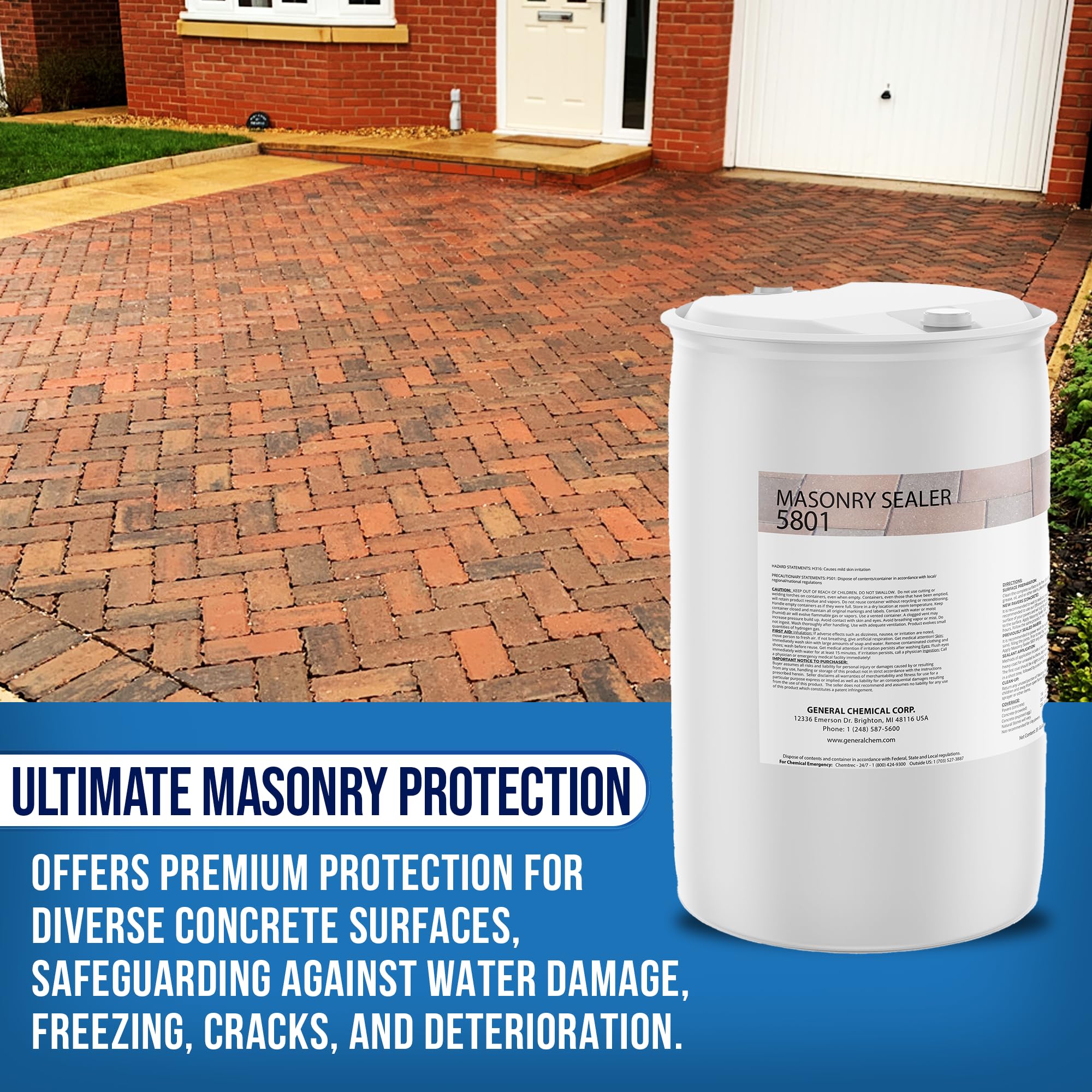 DeckGeneral Masonry Sealer 5801 - Clear Silane Siloxane Waterproof Coating for Concrete, Stone, Brick & Mortar - Long-Lasting Protection for Driveways, Sidewalks, Patios & Outdoor Surfaces (55 Gallon) - Ideal for Weatherproofing & Enhancing Curb Appeal