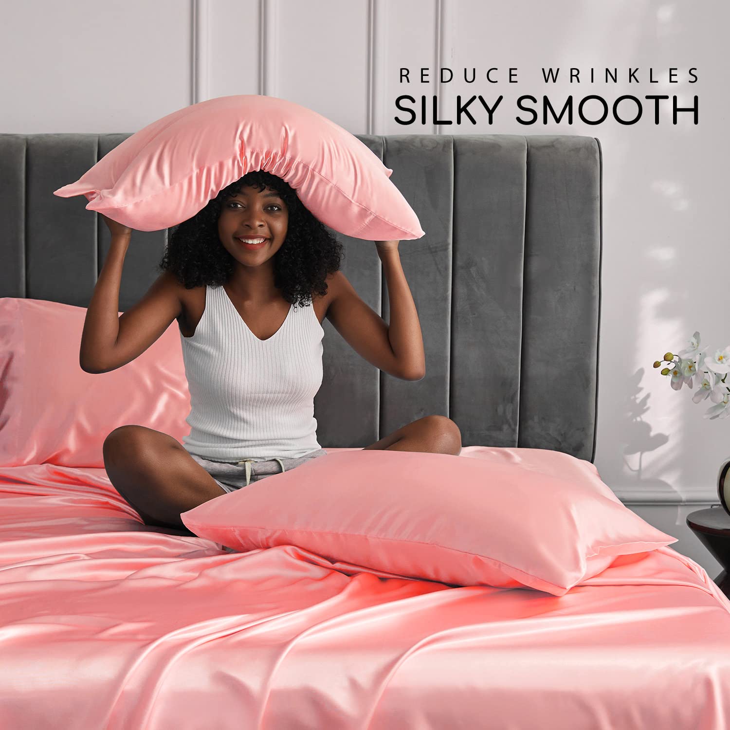 MR&HM Satin Bed Sheets Set - 6 Piece King Size Silky Bedding with 15