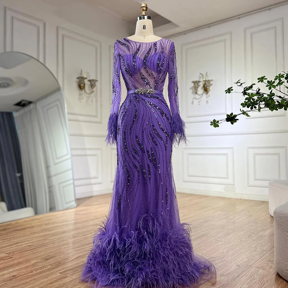 Elegant Mermaid Evening Dress with Beaded Feathers - Arabic Purple Luxury Gown for Women's Wedding, Prom, Gala & Special Occasions | LA72367