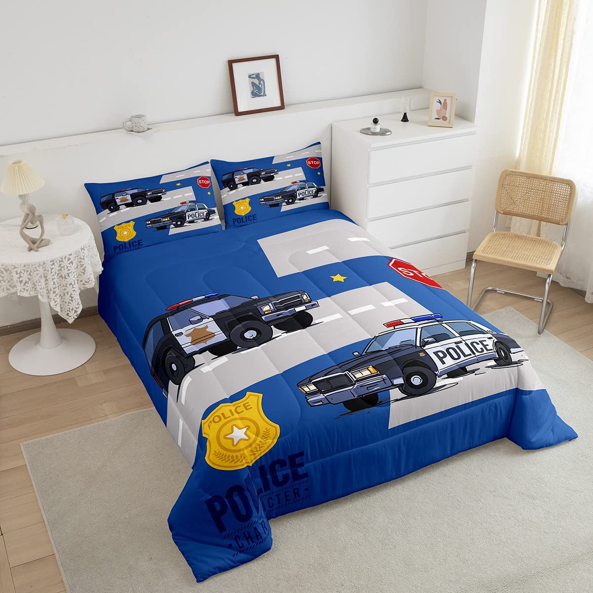 Erosebridal Police Car Comforter Set for Kids - Twin Size Cartoon Policeman Bedding with Badge Quilt & Pillowcase (Blue/Grey) | Perfect for Boys' Room Decor, Themed Sleepovers & Police Car Lovers