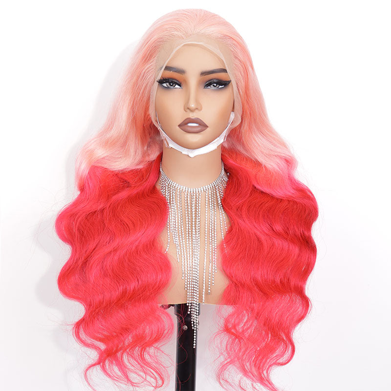 Eullair Ombre Pink Red Body Wave Lace Front Wig - 2-Tone Human Hair Lace Wig for Women | Natural Look for Parties, Cosplay & Daily Wear