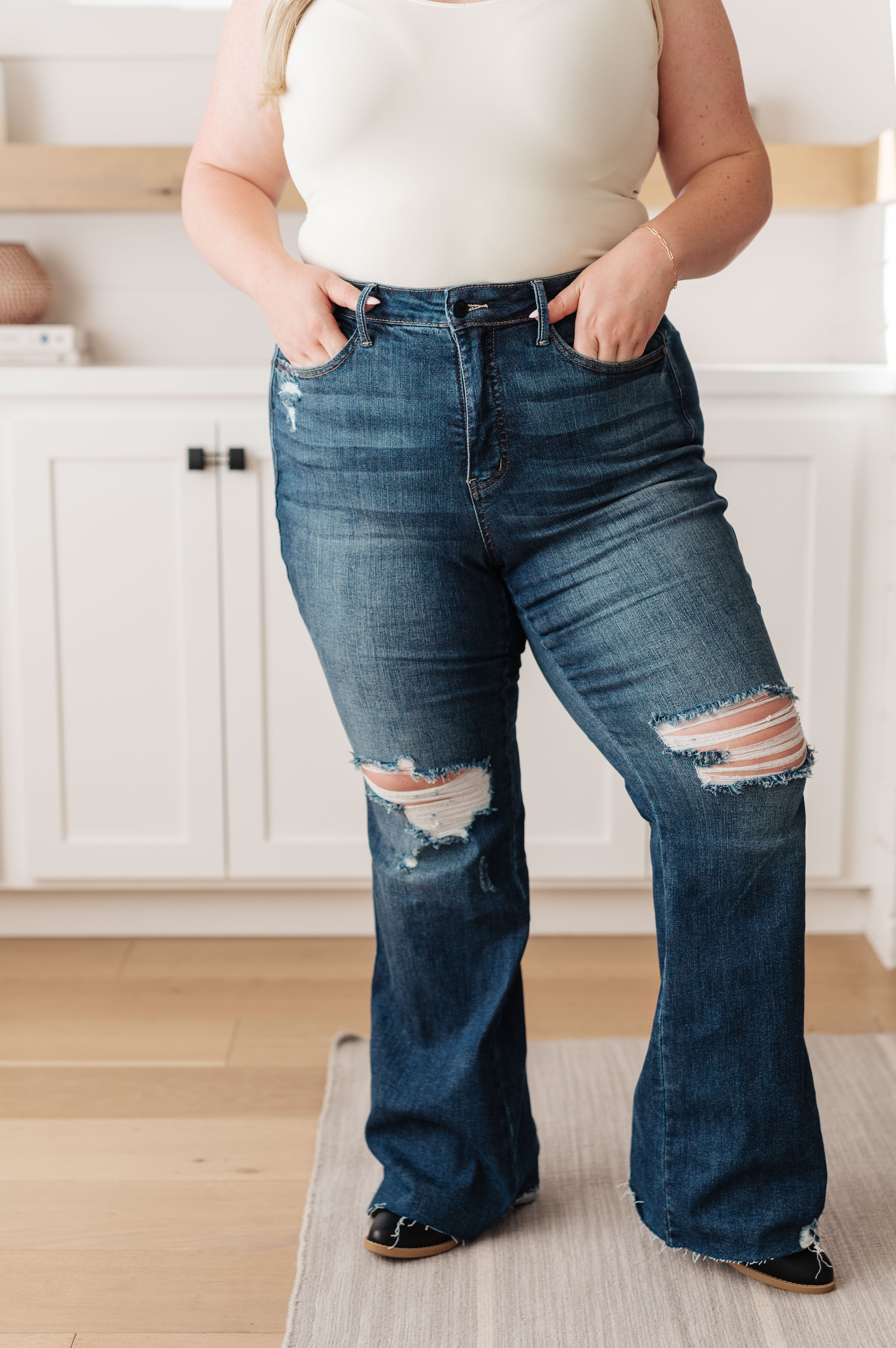 Cassandra High Rise Control Top Distressed Flare Jeans for Women - Vintage Stretch Denim Pants with Tummy Control | Perfect for Casual Outfits, Date Nights & Boho Style