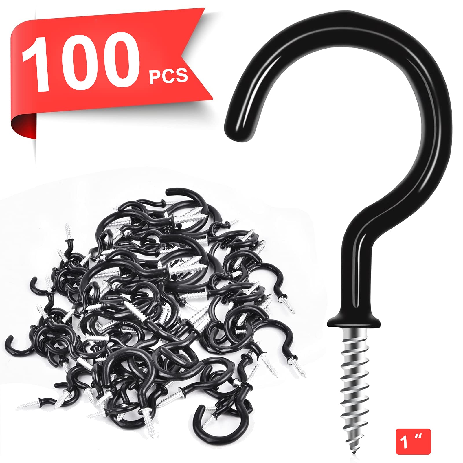 1 Inch Black Vinyl Coated Cup Screw Hooks - 100 Pack Heavy Duty Ceiling Hooks for Plants, Wind Chimes & Kitchen Storage - Indoor Outdoor Hanging Solution for Home, Garden & Garage Organization