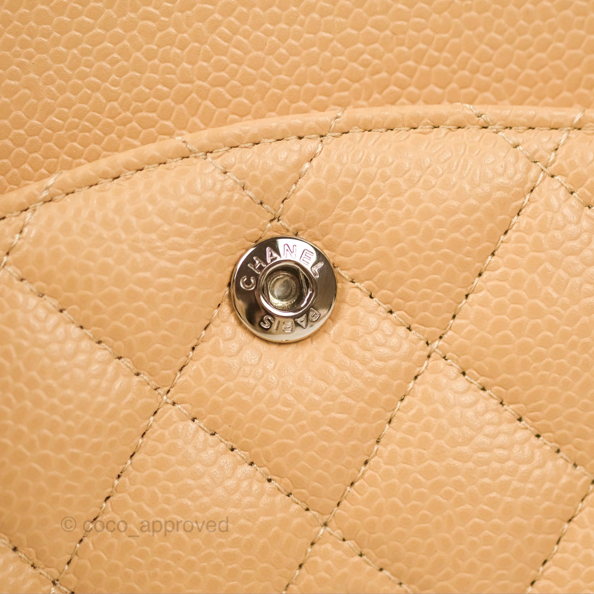 Chanel Classic Medium Double Flap Bag Quilted Beige Caviar Leather with Silver Hardware - Luxury Designer Handbag for Women, Perfect for Work, Evening & Special Occasions