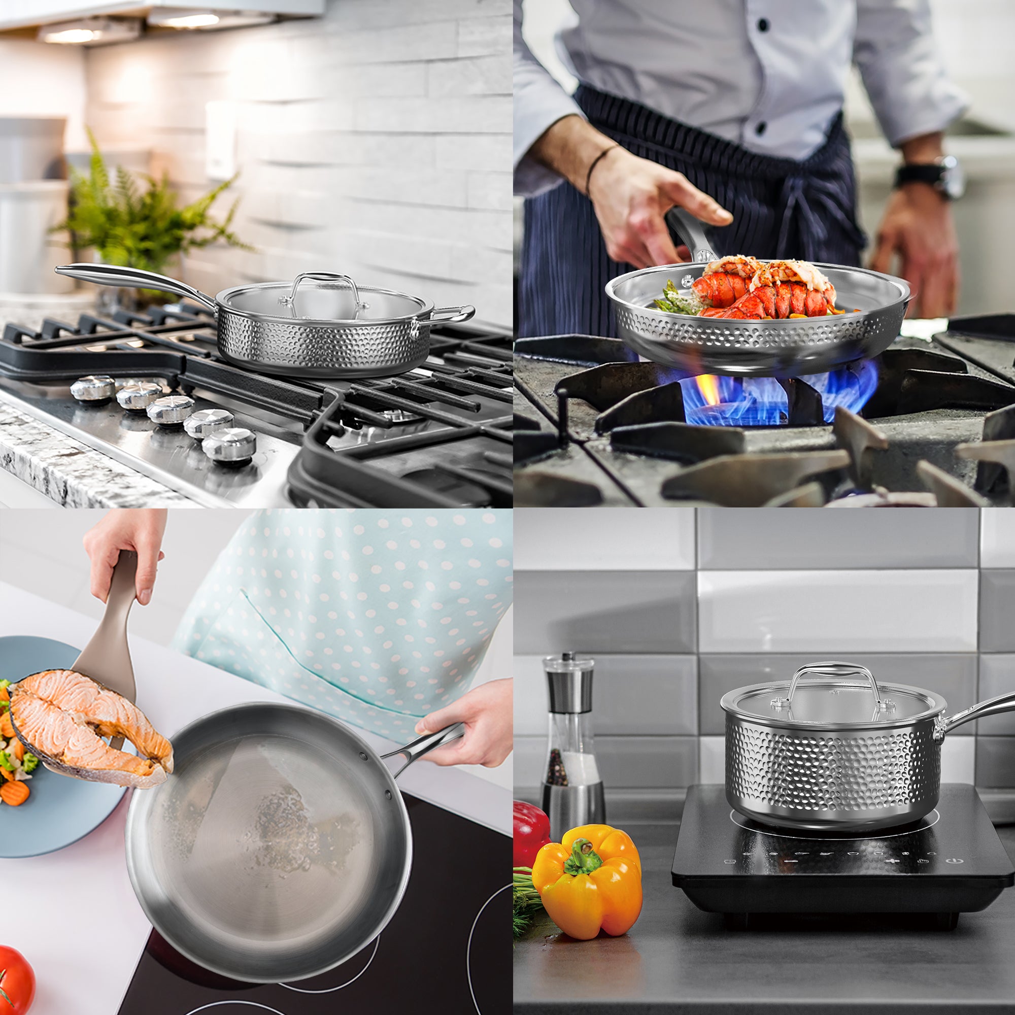 Imarku 14-Piece Stainless Steel Tri-Ply Clad Cookware Set - Professional Kitchen Cookware for Home Chefs, Perfect for Boiling, Frying & Sauteing