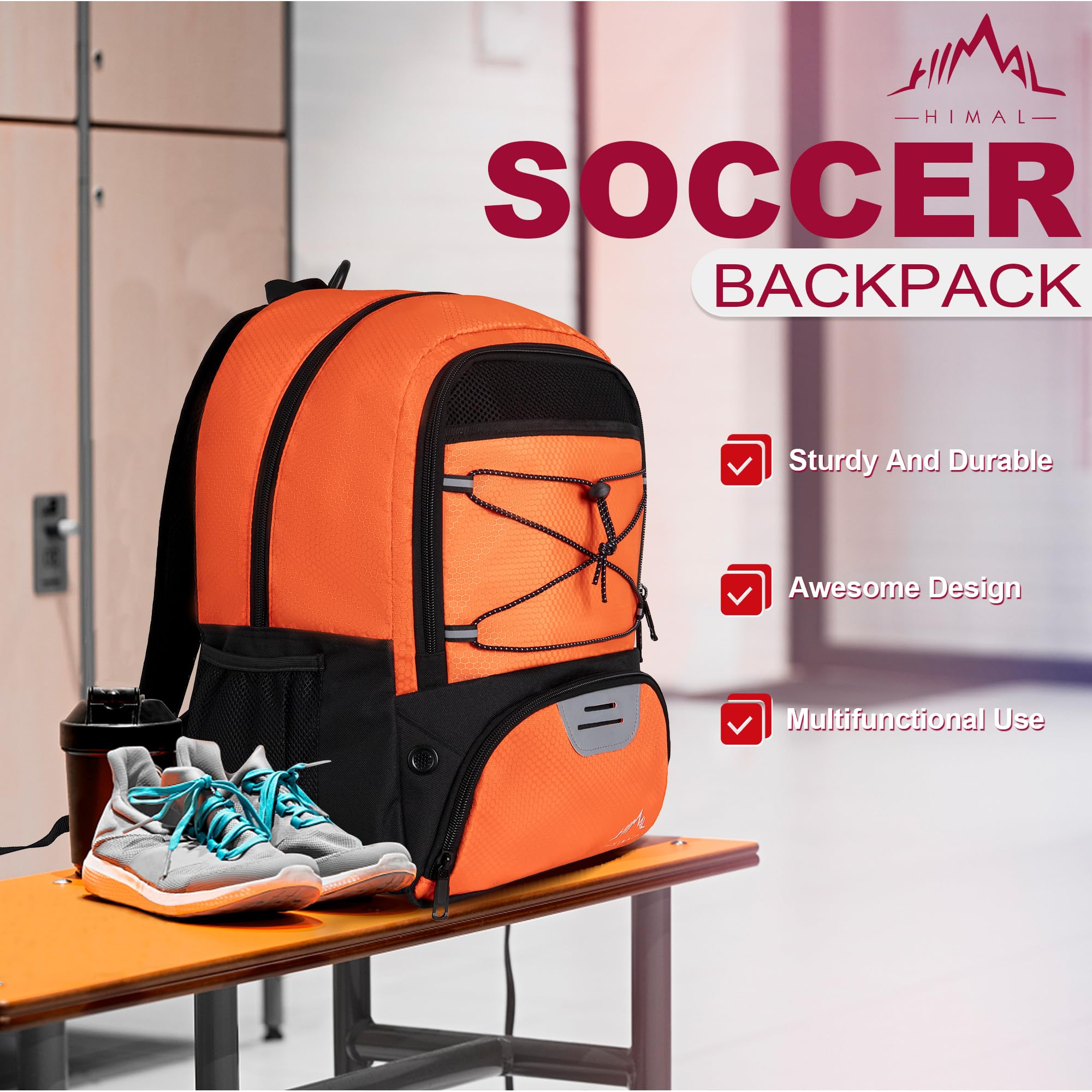 Himal Outdoors Soccer Backpack - Waterproof Sports Bag for Football, Volleyball & Handball with Separate Cleat & Ball Compartments | Perfect for Training, Games & Travel (Orange)