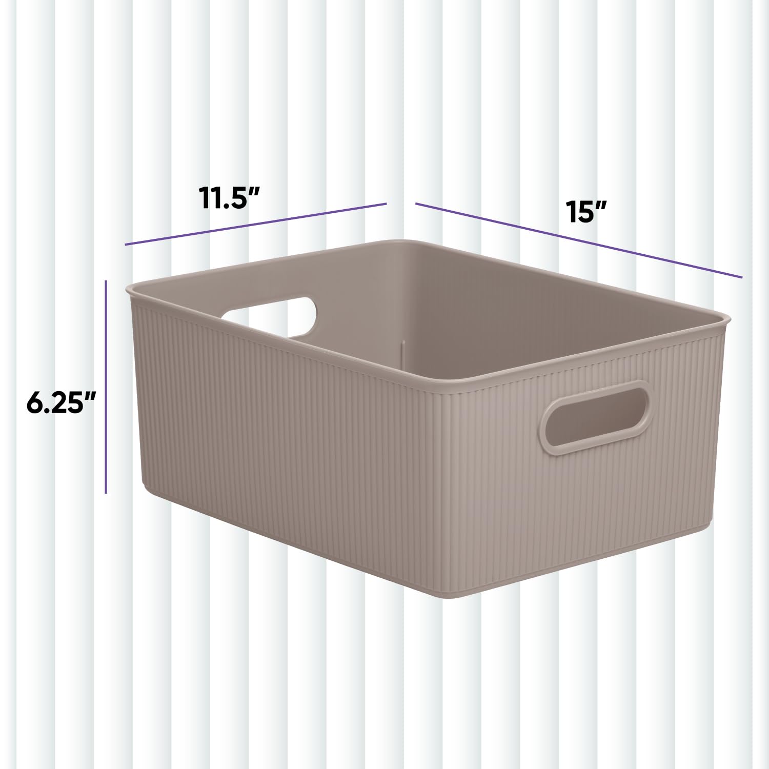 Superior Ribbed Plastic Storage Bins - 2 Pack Large Taupe Organizer Baskets (15L/16Qt) for Home, Closet, Shelves & Drawer Organization | Decorative Open Storage Boxes for Bedroom, Bathroom & Office