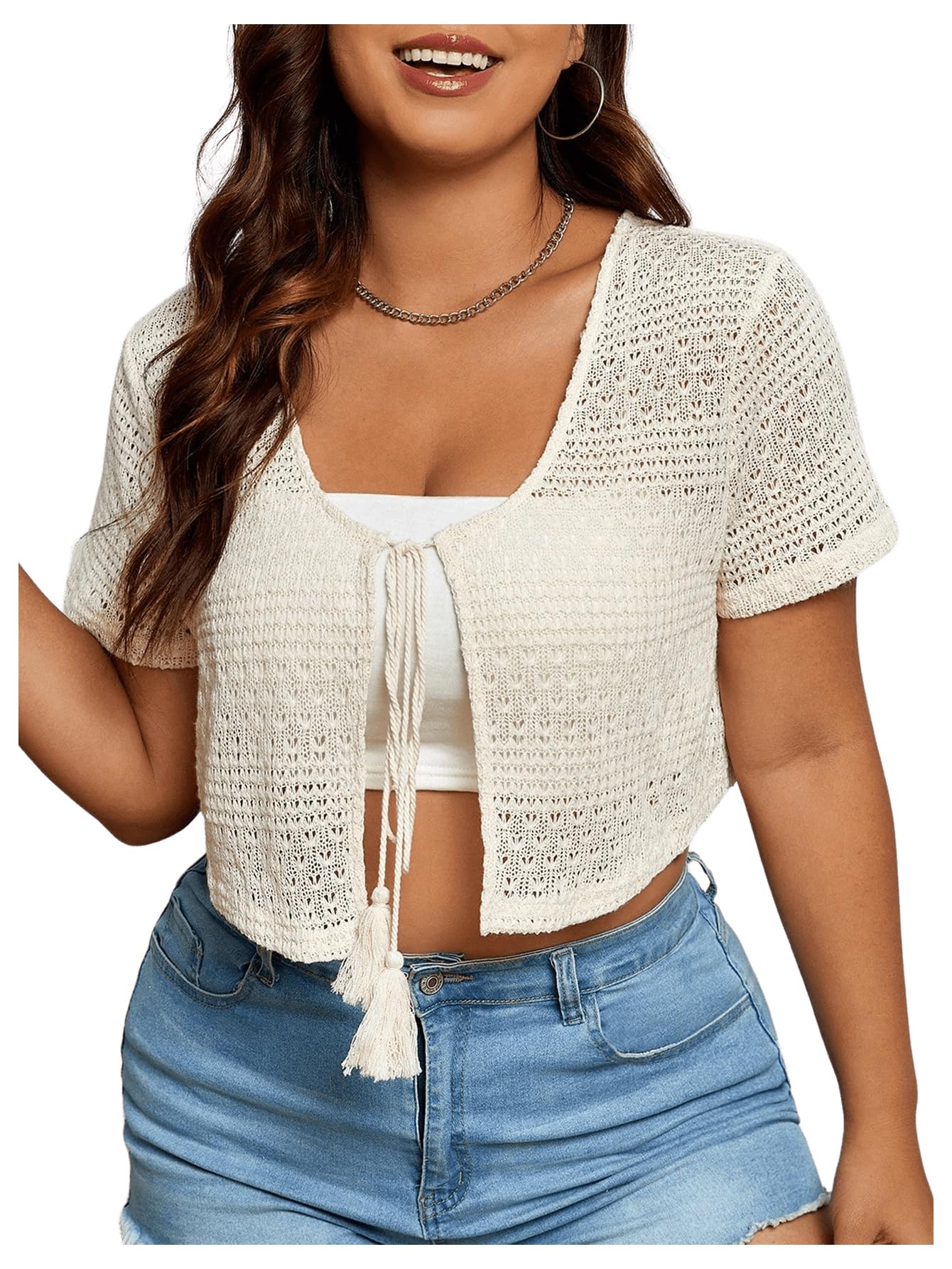 Plus Size Women's Lightweight Knit Crop Cardigan with Tassel Tie Front - Short Sleeve Sheer Cover-Up for Spring/Summer Layering, Beach Outfits & Casual Wear