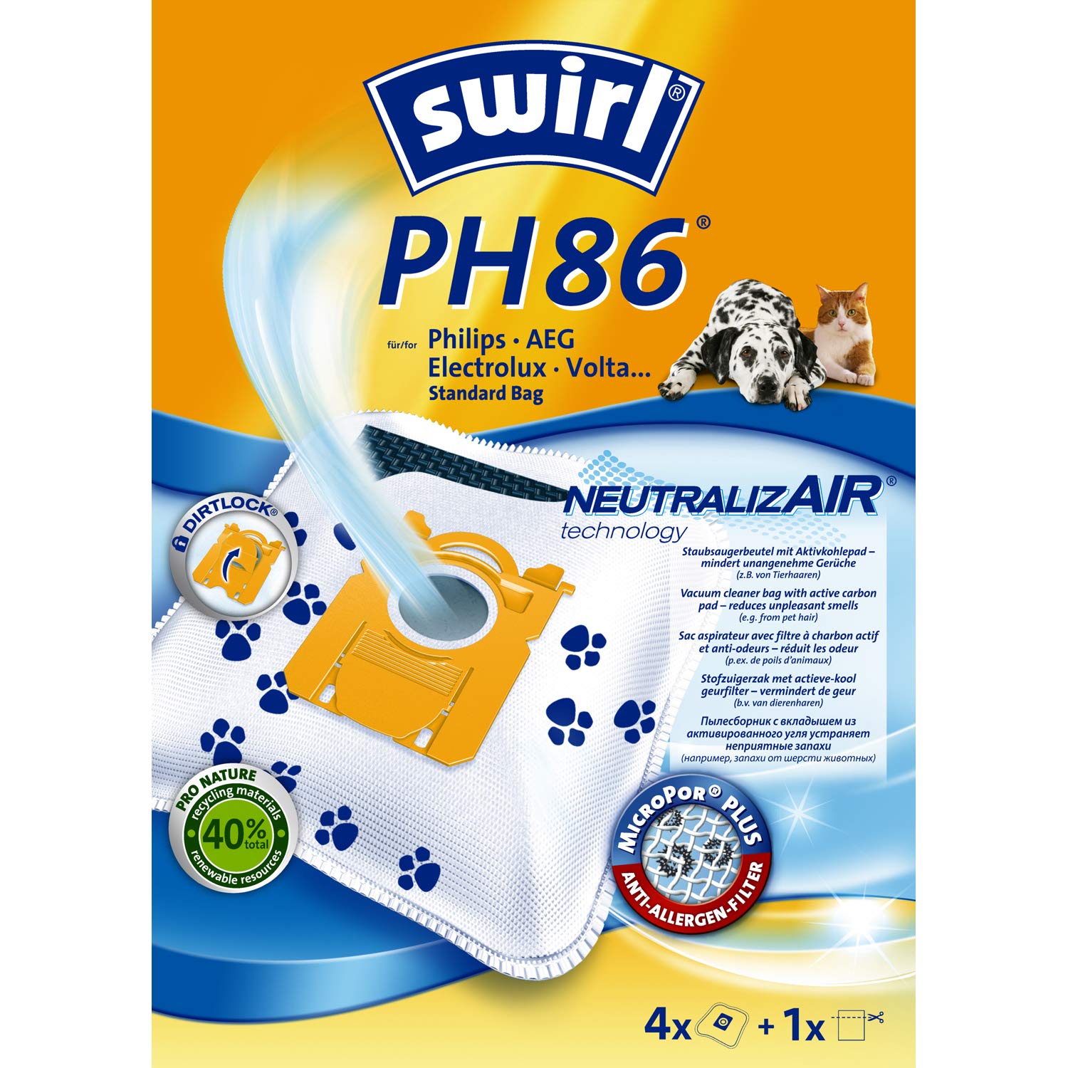 Swirl PH 86 NeutralizAir Vacuum Cleaner Bags for Philips - 4 Bags + 1 HEPA Filter | Dust & Allergen Reduction | Perfect for Home Cleaning & Pet Hair Removal