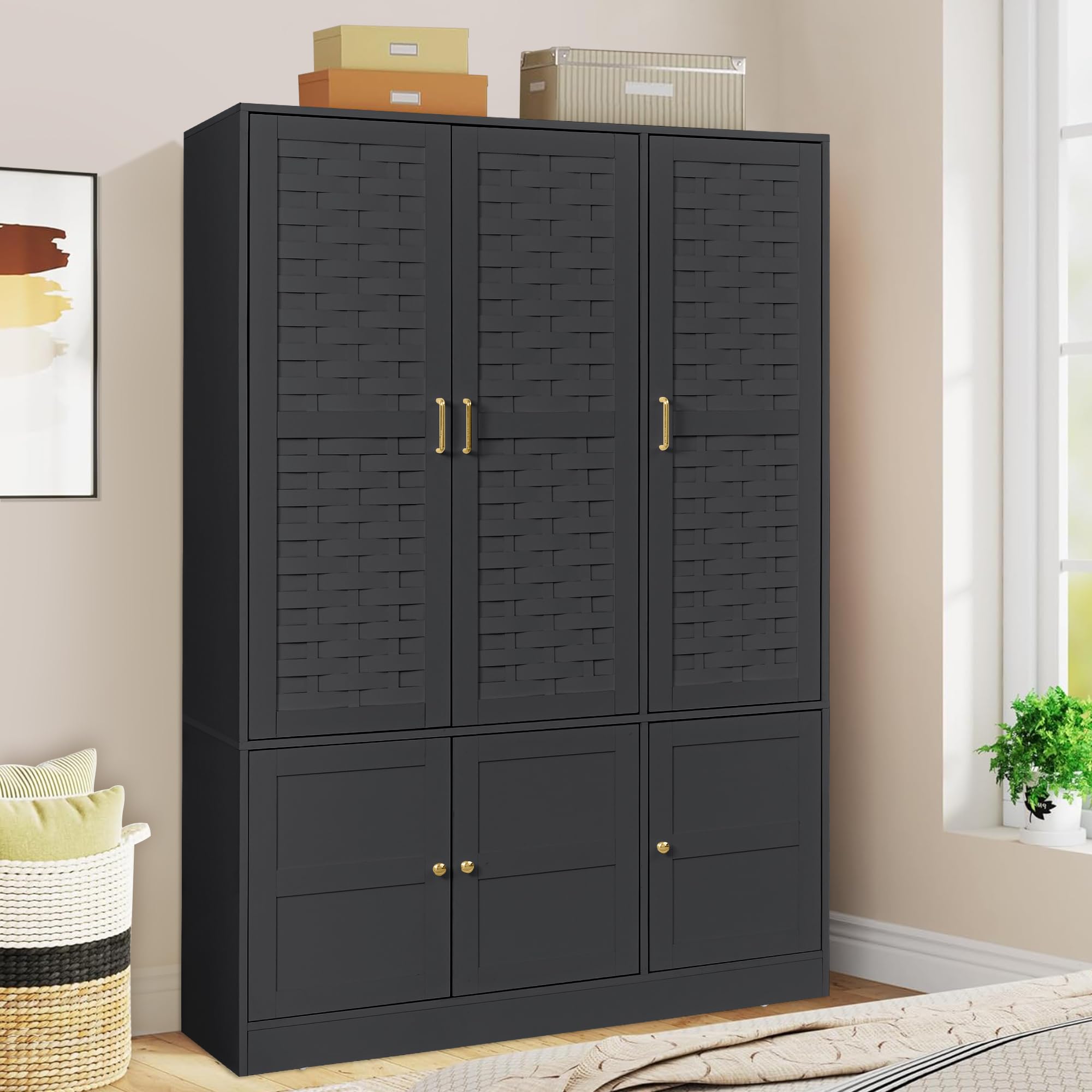 LEVNARY 6-Door Woven Wardrobe Closet - Walnut Armoire Cabinet with Adjustable Shelves & Hanging Rail | High-Capacity Freestanding Bedroom Storage | Perfect for Small Spaces & Apartment Organization (Black)