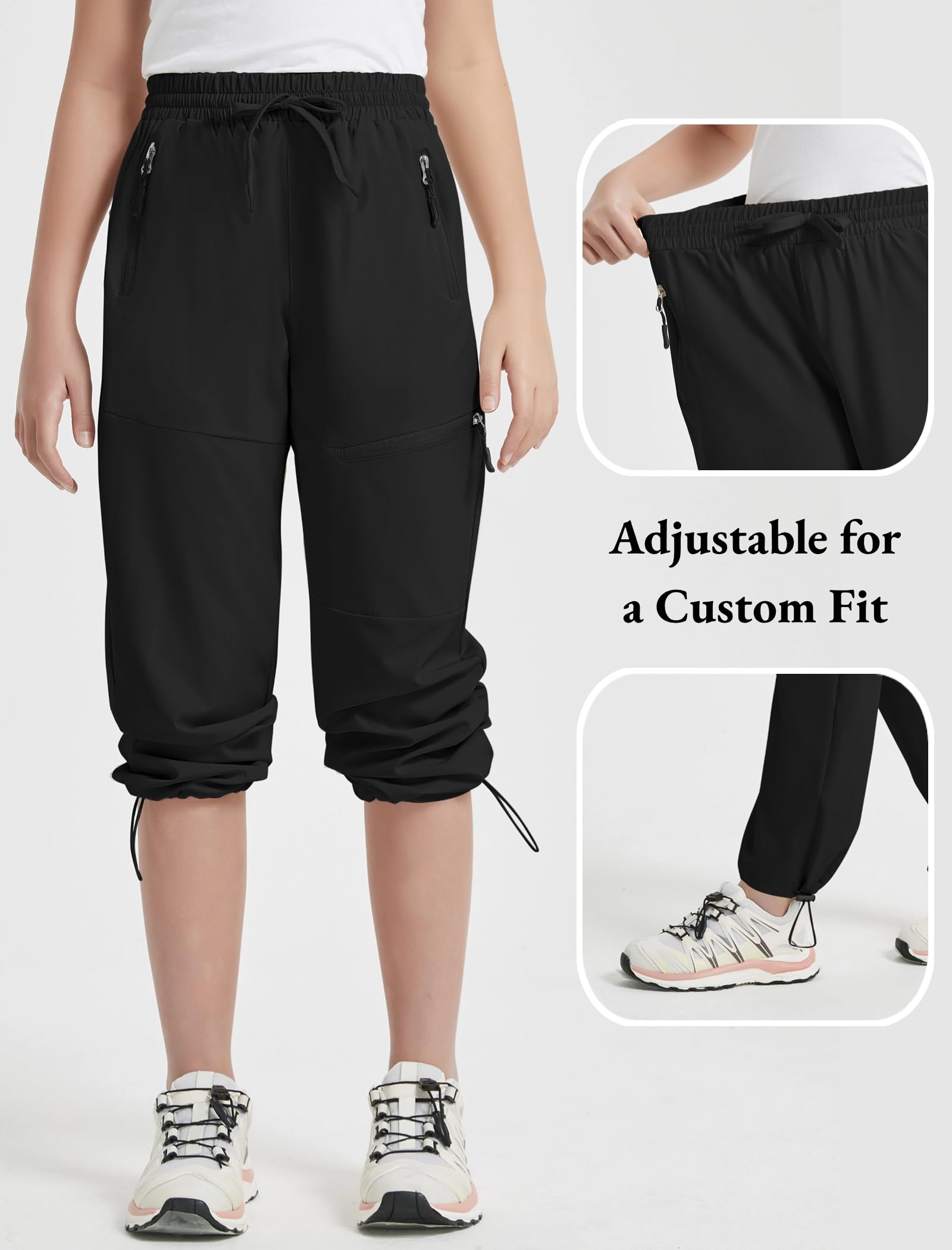 EXARUS Girls Water Resistant Joggers - Quick Dry Hiking Pants with Zip Pockets for Kids 6-14 Years - High Waisted Lightweight Athletic Pants for Outdoor Activities, School & Play