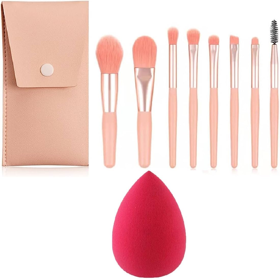 8-Piece FACEJEWEL Makeup Brush Set with Sponge - Foundation, Blush, Eyeshadow, Eyelash, Lip & Brow Brushes - Portable Mini Travel Makeup Kit for Professional & Everyday Beauty Application