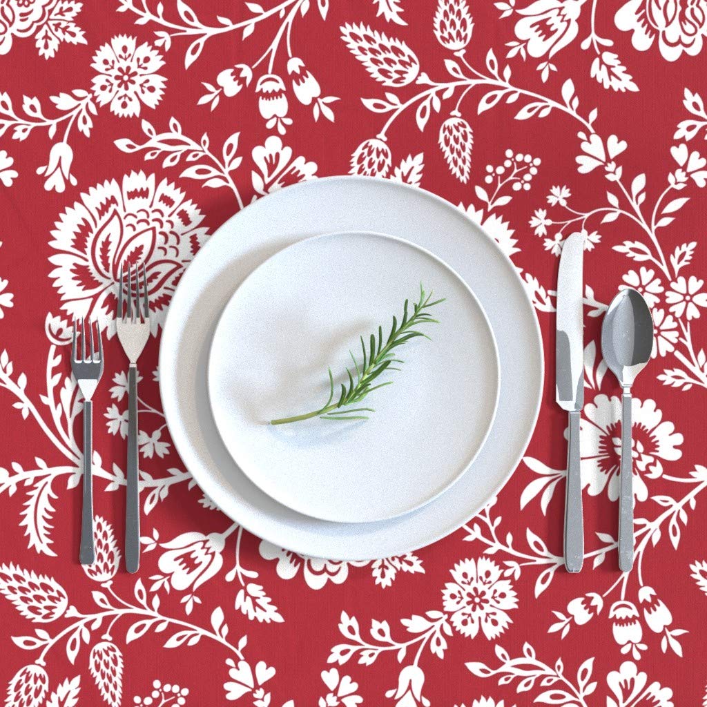 Premium Spoonflower Cotton Sateen Tablecloth 70x90 Inches - White & Red Classic Century Christmas Floral Print Table Linens for Holiday Dining, Party Decor & Festive Home Decor