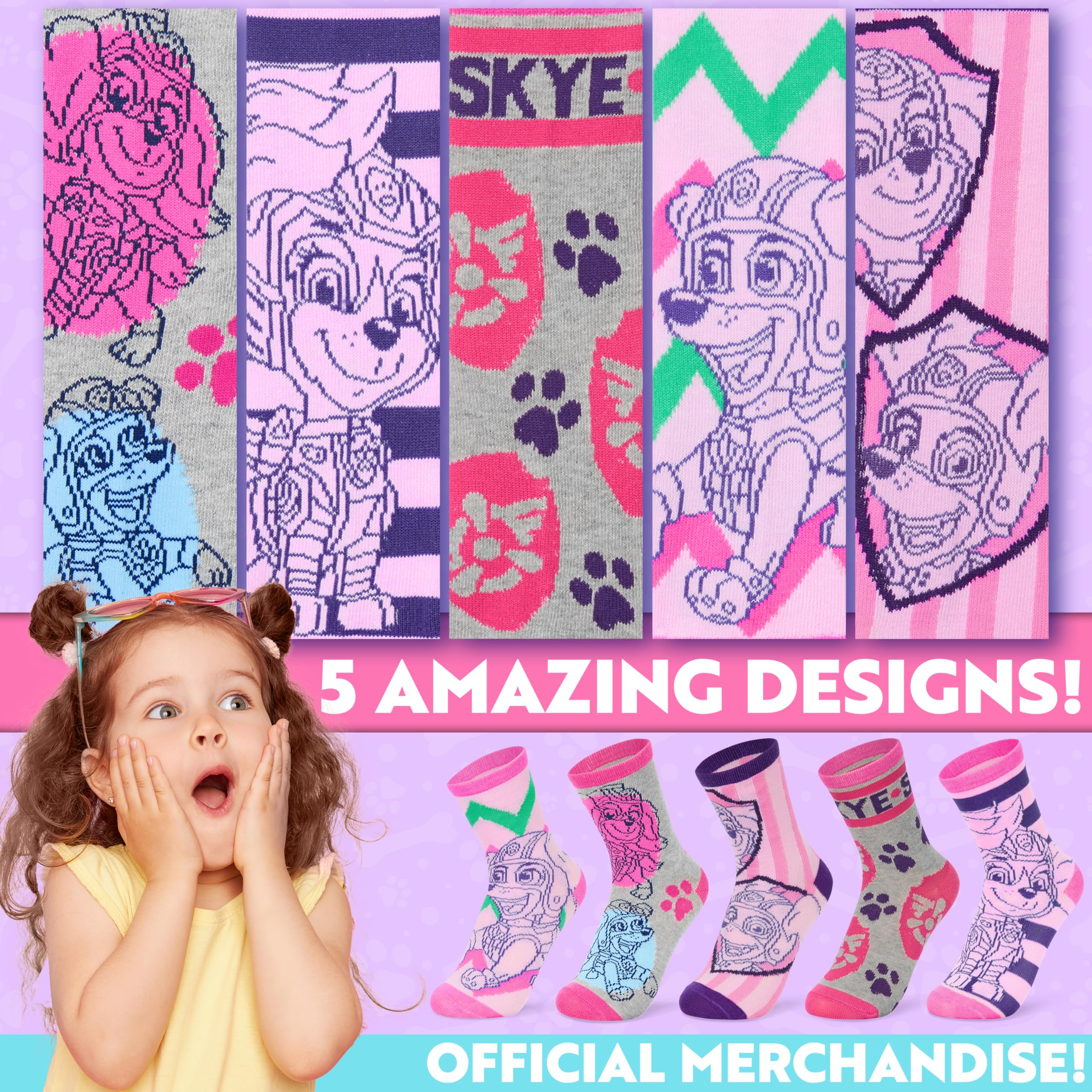 Paw Patrol Girls Calf Socks - 5 Pack Soft Breathable Kids Socks for Toddlers & Little Girls - Perfect Gift for Birthday, Christmas & Daily Wear - Cute Cartoon Dog Design for School, Play & Home