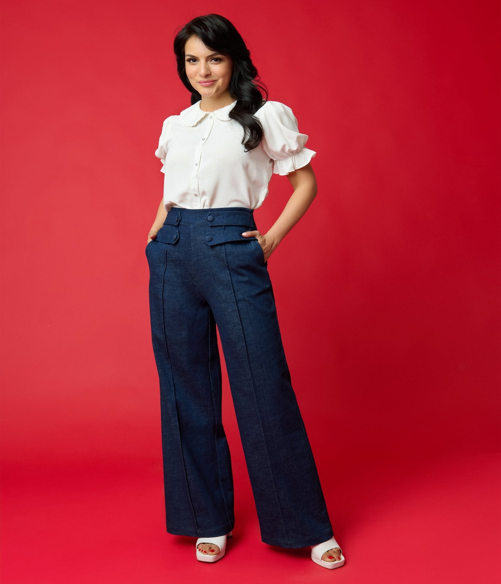 Vintage 1940s High Waist Wide Leg Denim Jeans for Women - Retro Tab Pants with Button Fly - Perfect for Casual Outfits, Themed Parties & Vintage Fashion Lovers