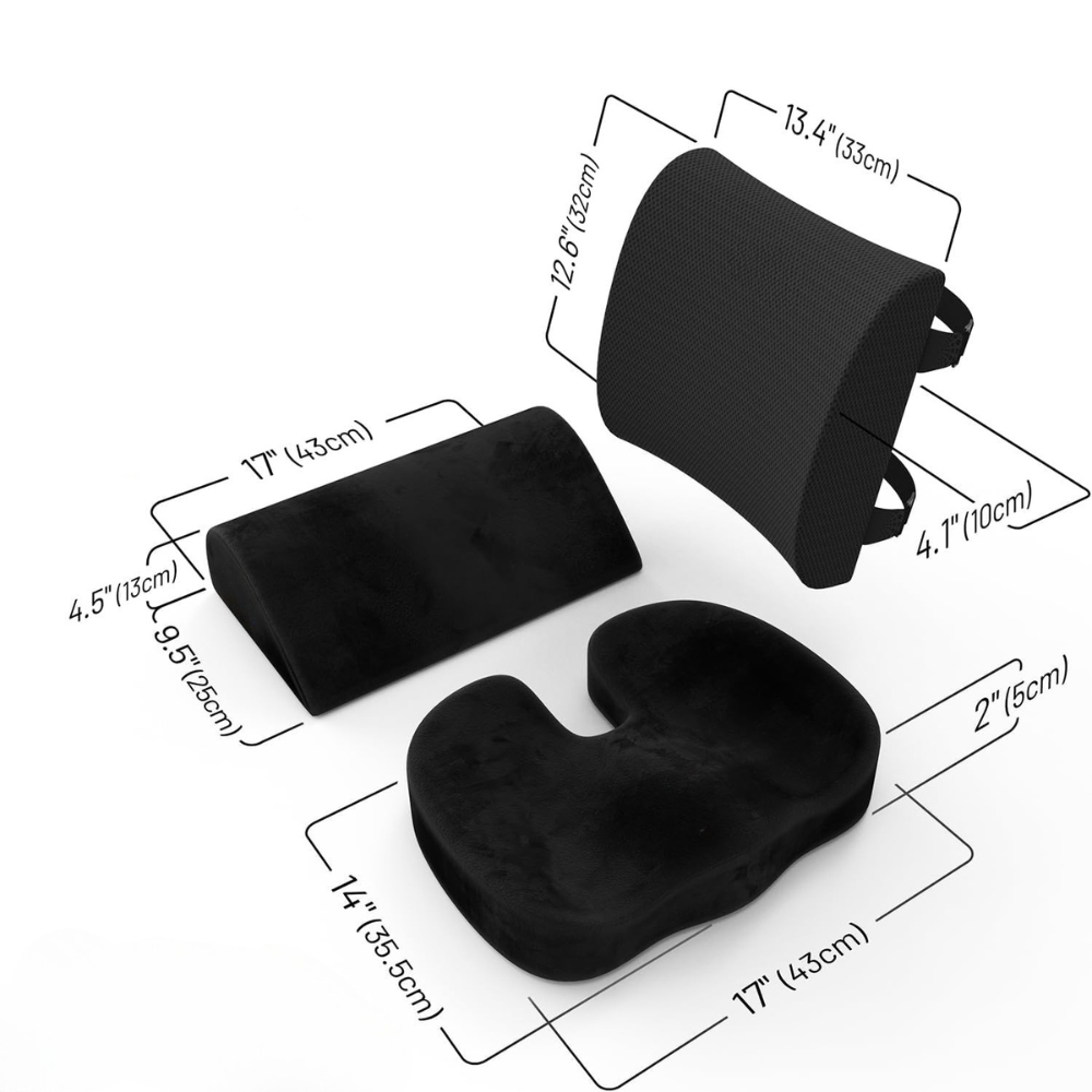 Premium Memory Foam Cushion Set for Office Chair, Car Seat & Travel - Ergonomic Back & Seat Support for Long Sitting Comfort at Work, Driving or Commuting