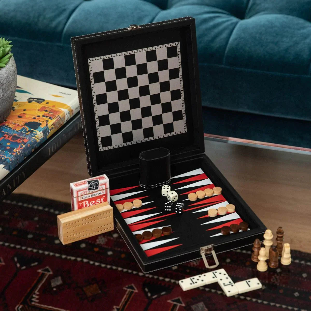 5-in-1 Multi Game Set with Chess, Checkers, Backgammon, Dominoes & Cards - Premium Black Leatherette Travel Case - Perfect for Family Game Nights, Travel & Indoor Entertainment