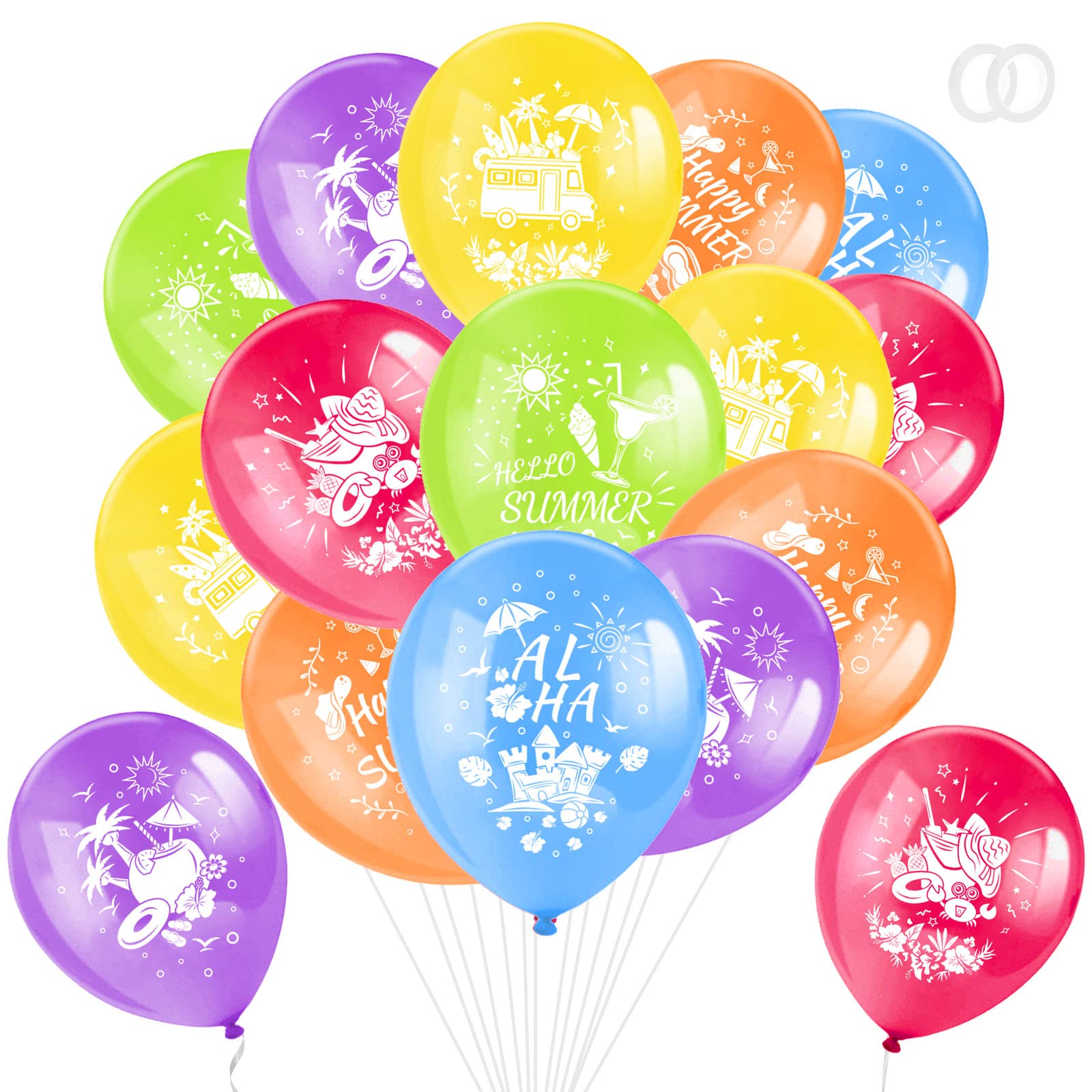 HOWAF 37-Piece Summer Party Balloon Set - Colorful Latex Balloons with Aloha, Palm Tree & Pineapple Prints - Hawaiian Theme Balloons with White Ribbons for Baby Showers, Pool Parties & Tiki Decorations - Perfect for Luau, Beach Parties & Tropical Celebrations