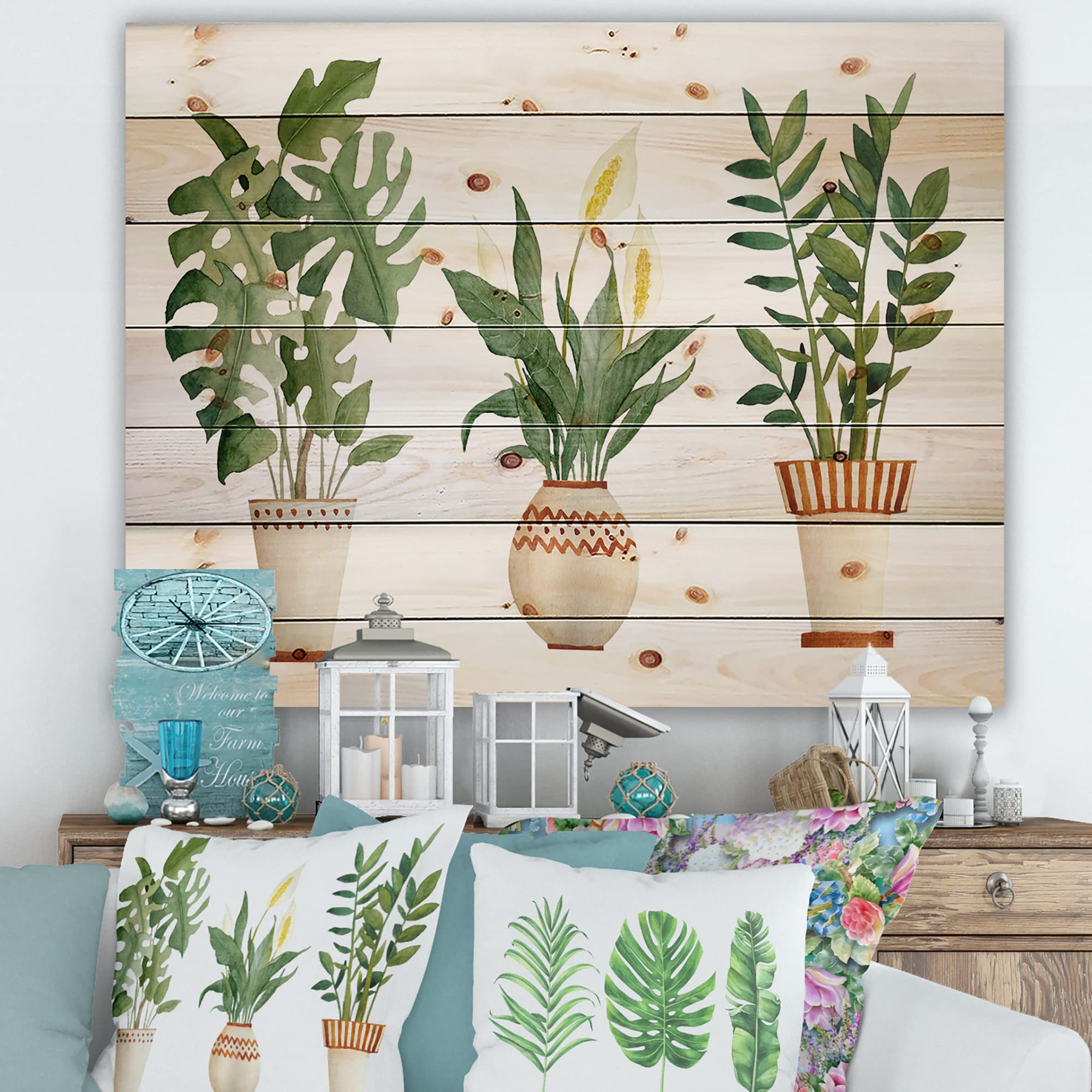 Farmhouse Wood Wall Decor - Monstera & Peace Lily Houseplant Art on Terra Cotta Pine Wood Panels | Large Floral Botanical Wall Art for Living Room, Bedroom & Office Decor