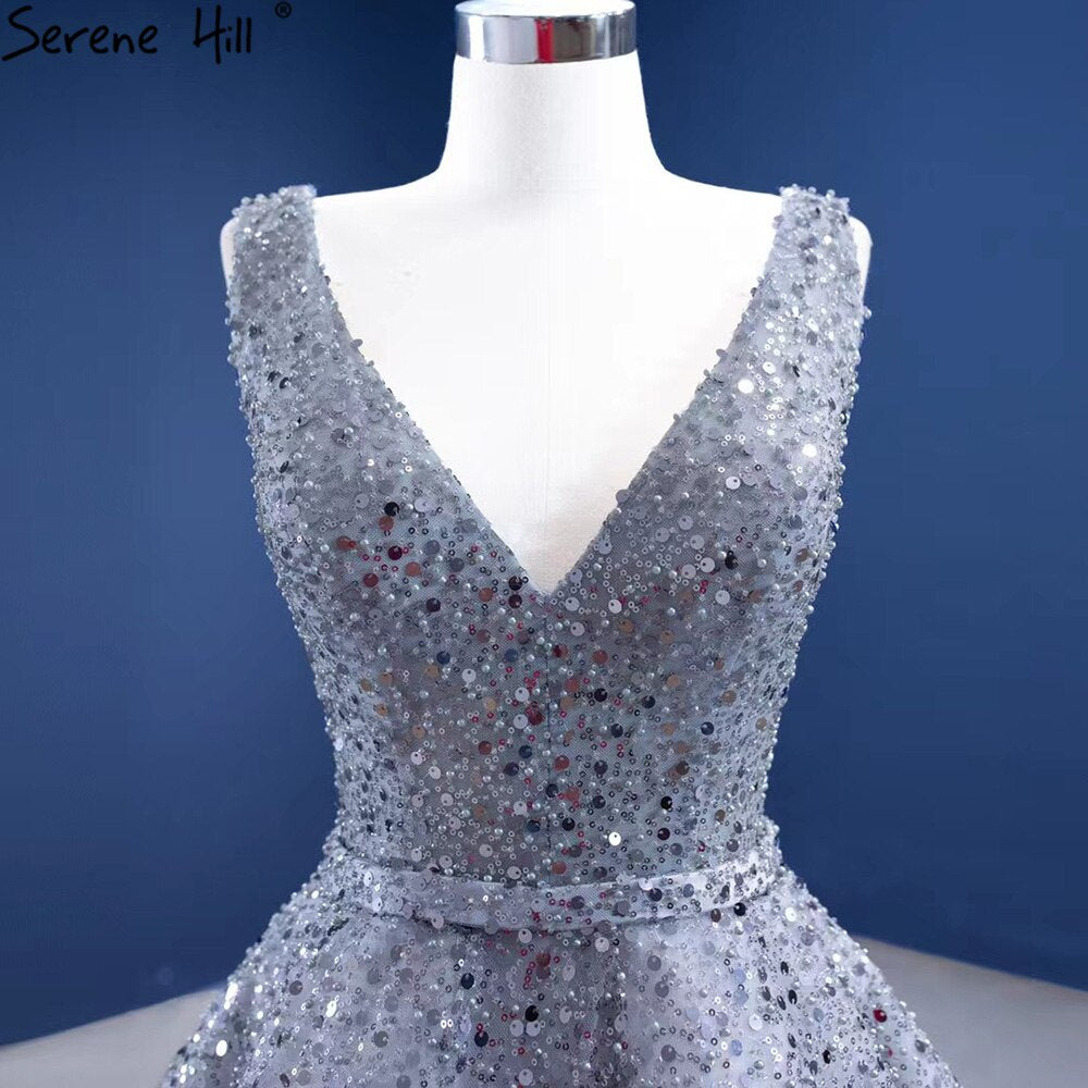 Elegant Grey A-Line Evening Gown with Beaded Sleeveless Design & Lace-Up Back - Luxury Women's Party Dress for Prom, Gala & Formal Events - Serene Hill Collection HM67288