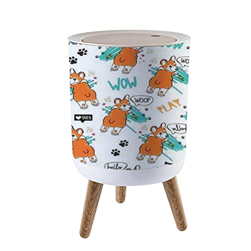 Cute Cartoon Corgi Dog Design Small Trash Can with Lid - 7L/1.8 Gallon Press Top Dog Proof Waste Bin for Kitchen, Bathroom, Bedroom & Office - Perfect for Home Decor and Pet Lovers