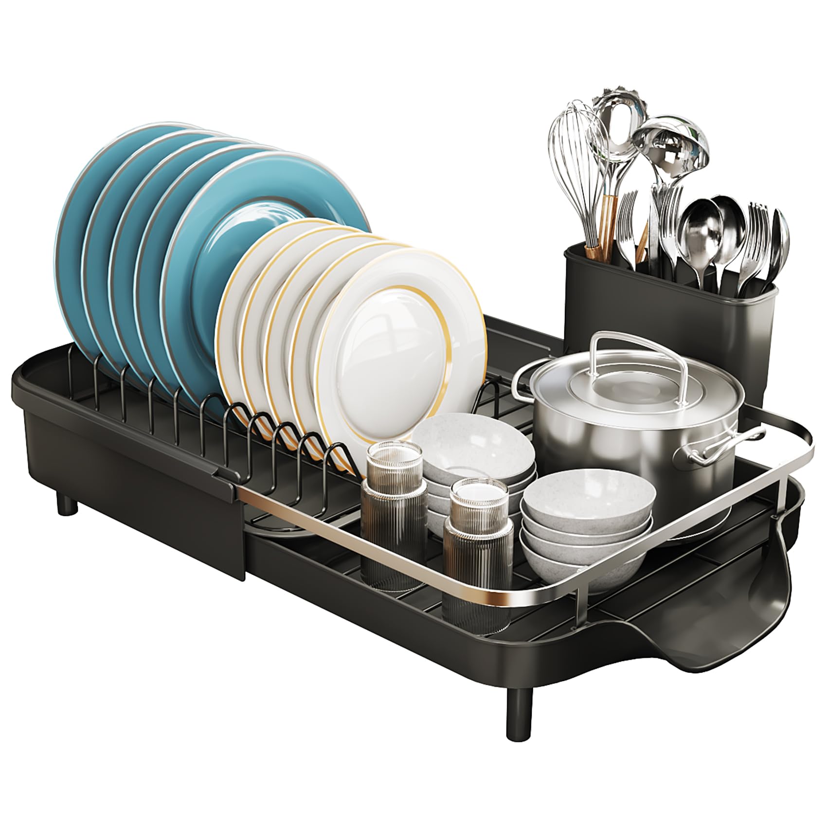 Stainless Steel Expandable Dish Drying Rack with Drainboard & Utensil Holder - Space Saving Kitchen Counter Organizer for Plates, Cups & Cutlery - Perfect for Small Apartments & Compact Kitchens