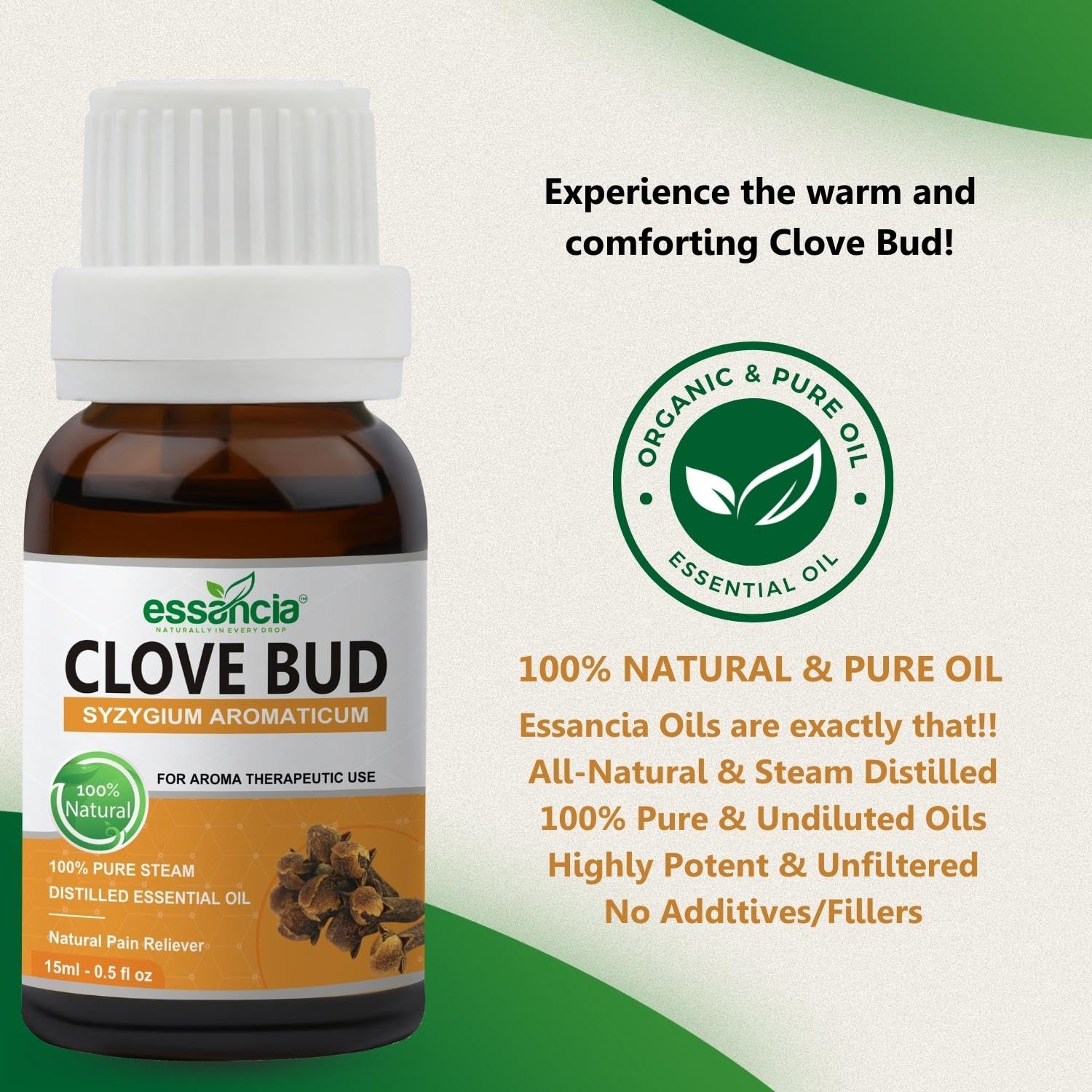 Essencia Pure Clove Bud Essential Oil - 15ml Undiluted Therapeutic Grade for Hair Care, Acne, Teeth Health, Skin & Relaxation | Aromatherapy, Diffuser, Face & Body Use | Natural Remedy for Stress Relief & Wellness