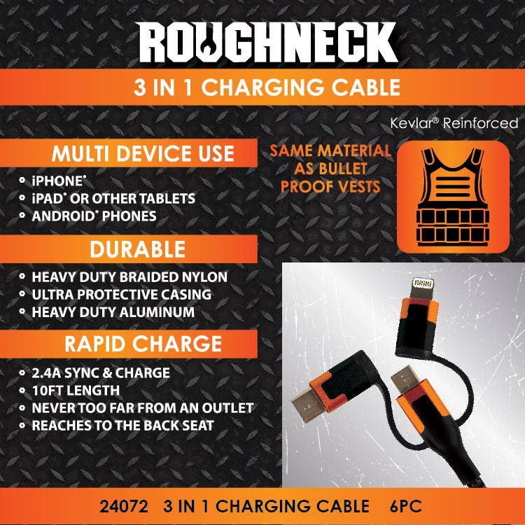 3-in-1 Durable 10ft Charging Cable for iPhone Android Devices - Fast Charging Braided Nylon Cable for Home, Office, Car & Travel Accessories
