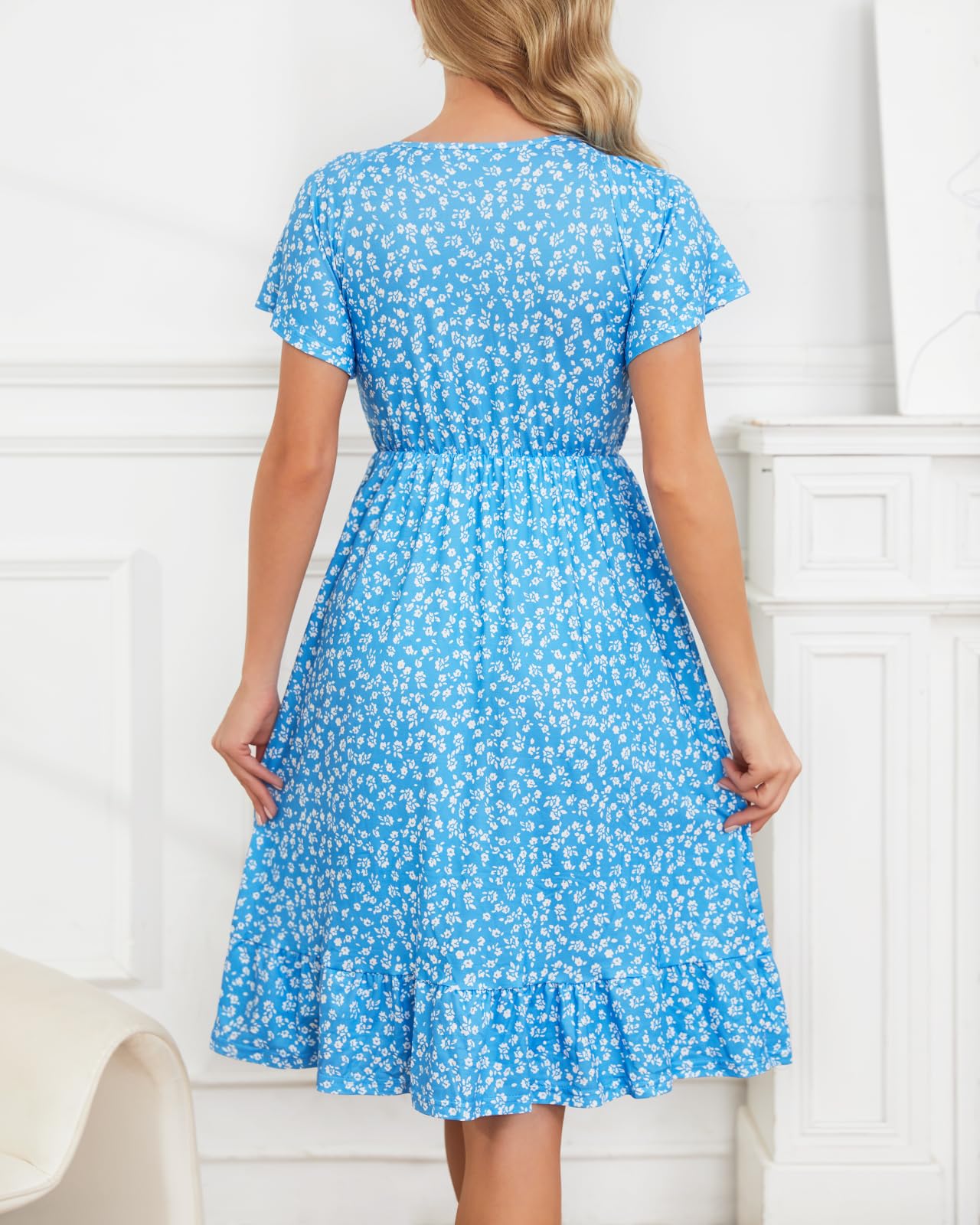 Domee Women's Floral Print Maternity Dress - V-Neck A-Line Midi Dress with Ruffles & Short Sleeves for Baby Shower, Photoshoot, Summer & Boho Style Outfits