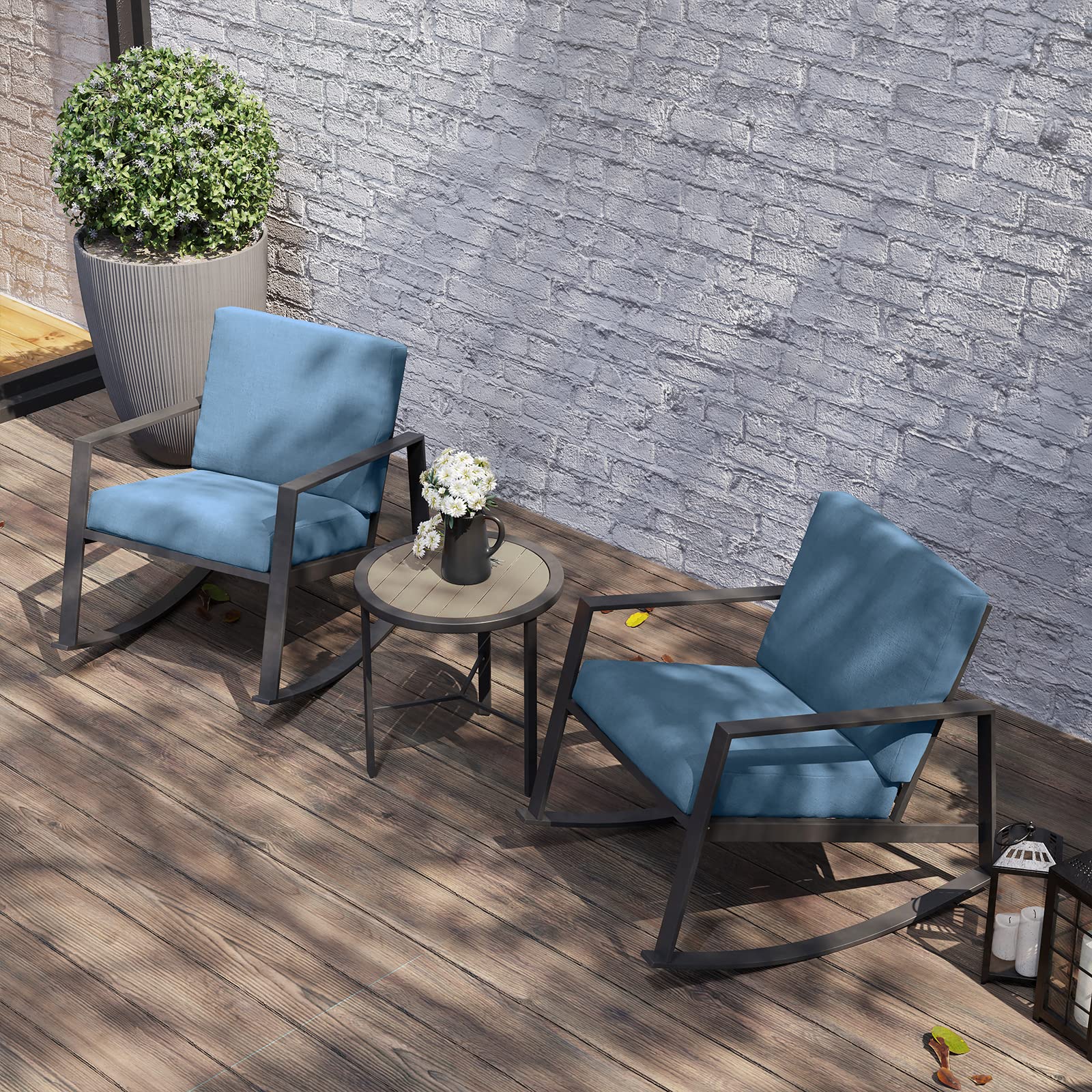**SUNBURY 3-Piece Outdoor Rocking Chair Set with Dark Blue Cushions - Patio Bistro Furniture, All-Weather Plastic Wood Table - Perfect for Backyard, Porch, Garden & Poolside Relaxation**