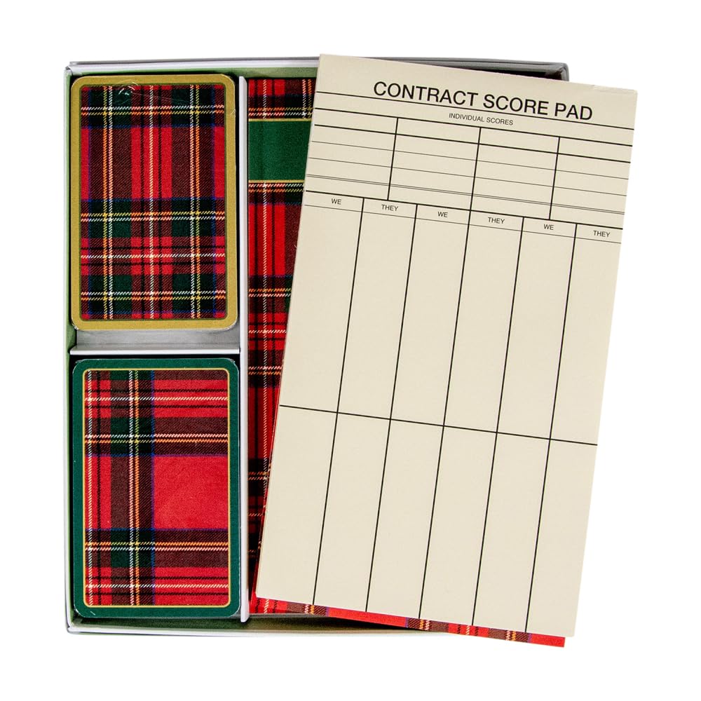 Caspari Plaid Bridge Gift Set - 2 Decks of Playing Cards & 2 Score Pads - Perfect for Bridge Games, Family Game Nights, and Holiday Gifts