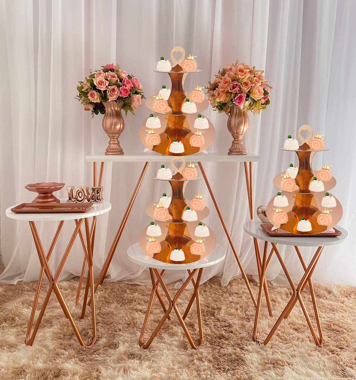 3-Tier Rose Gold Heart-Shaped Cupcake Stand - 2 Pack Cardboard Dessert Display for 24 Cupcakes - Perfect for Birthday Parties, Baby Showers, Weddings & Halloween - Elegant Floral Design for Party Decorations & Dessert Tables