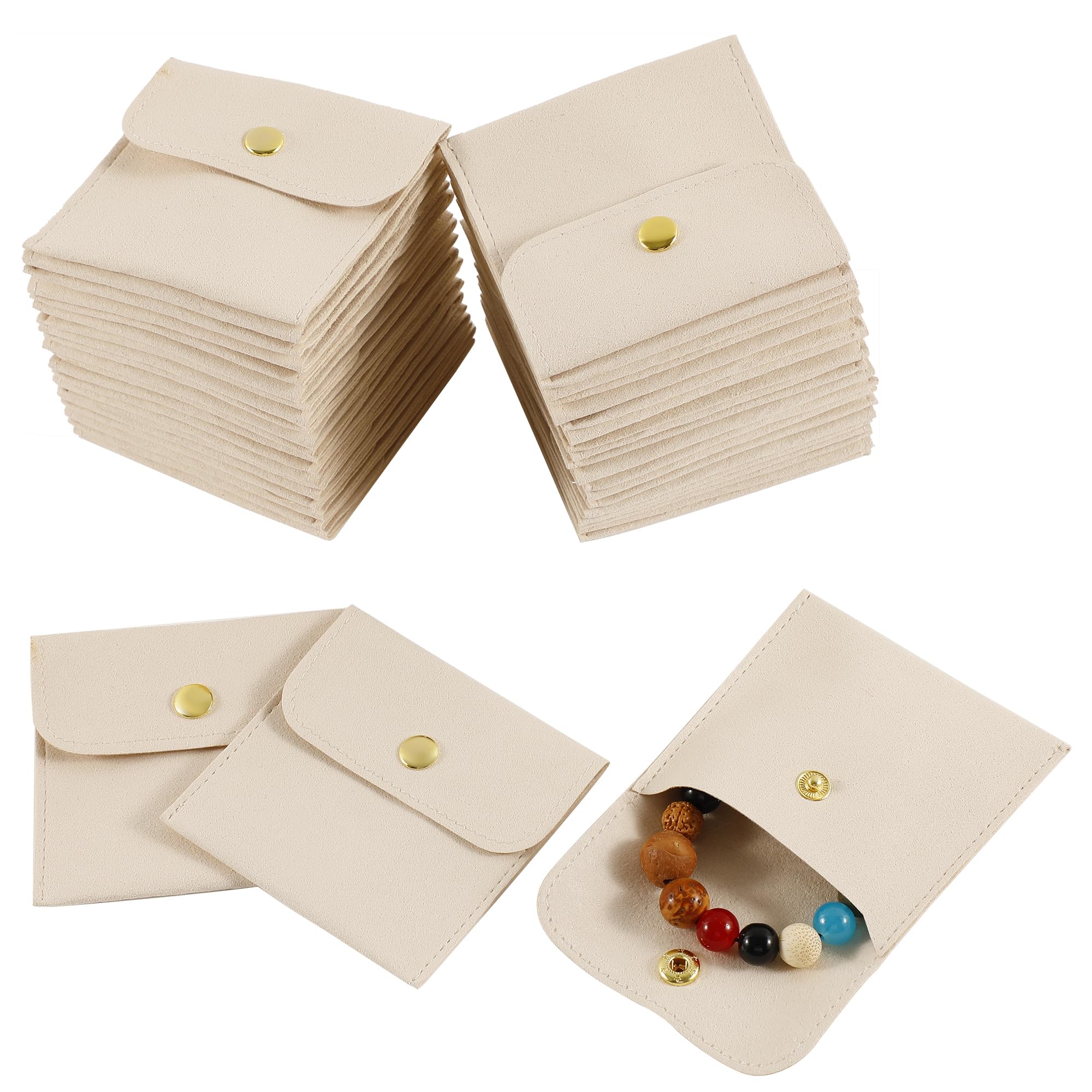 40pcs Ivory Microfiber Jewelry Pouch Button Closure Bag 8x8cm - Luxury Jewelry Packaging, Small Gift Bags for Earrings, Necklaces, Bracelets & Rings - Perfect for Wedding Favors, Bridesmaid Gifts & Jewelry Storage