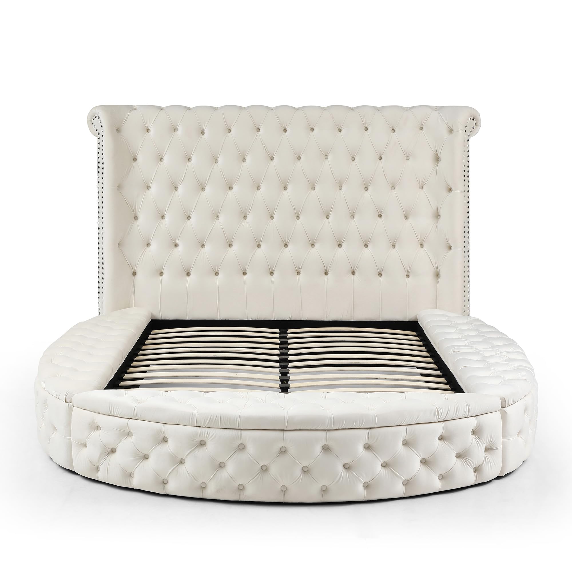 Better Home Products Elizabeth Upholstered Round Storage Queen Bed in Cream - Luxurious Fabric Upholstered Platform Bed with Underbed Storage - Perfect for Small Bedrooms & Guest Rooms