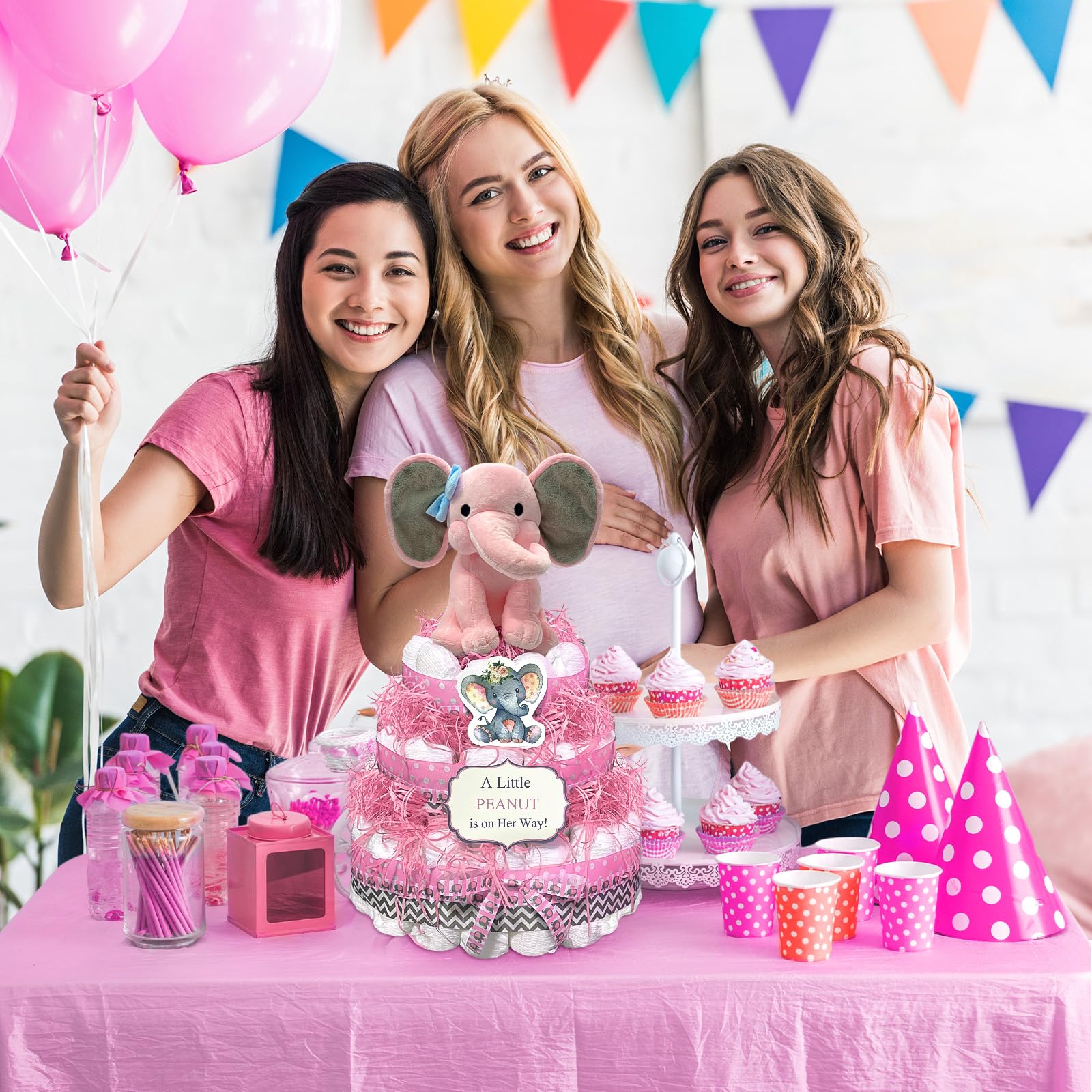Baby Shower Elephant Diaper Cake Decorations Kit - Baby Shower Supplies for Girls with Grosgrain Ribbon, Plush Elephant & Gender Reveal Cards (Diapers Not Included) | Perfect for Gender Reveal Parties & Newborn Celebrations
