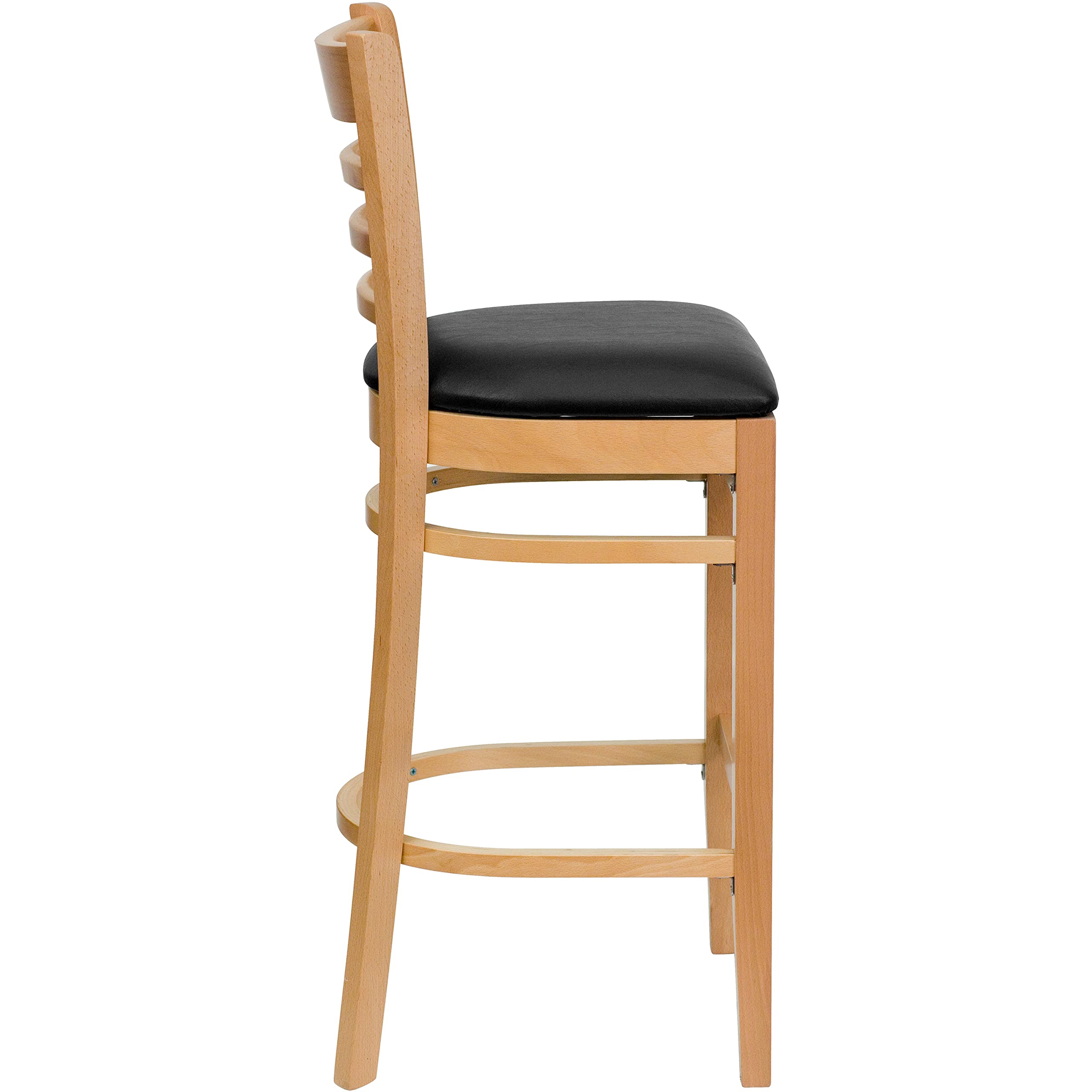 EMMA + OLIVER Natural Wood Ladder Back Bar Stool with Black Vinyl Seat - Perfect for Kitchen Islands, Breakfast Bars & Home Decor