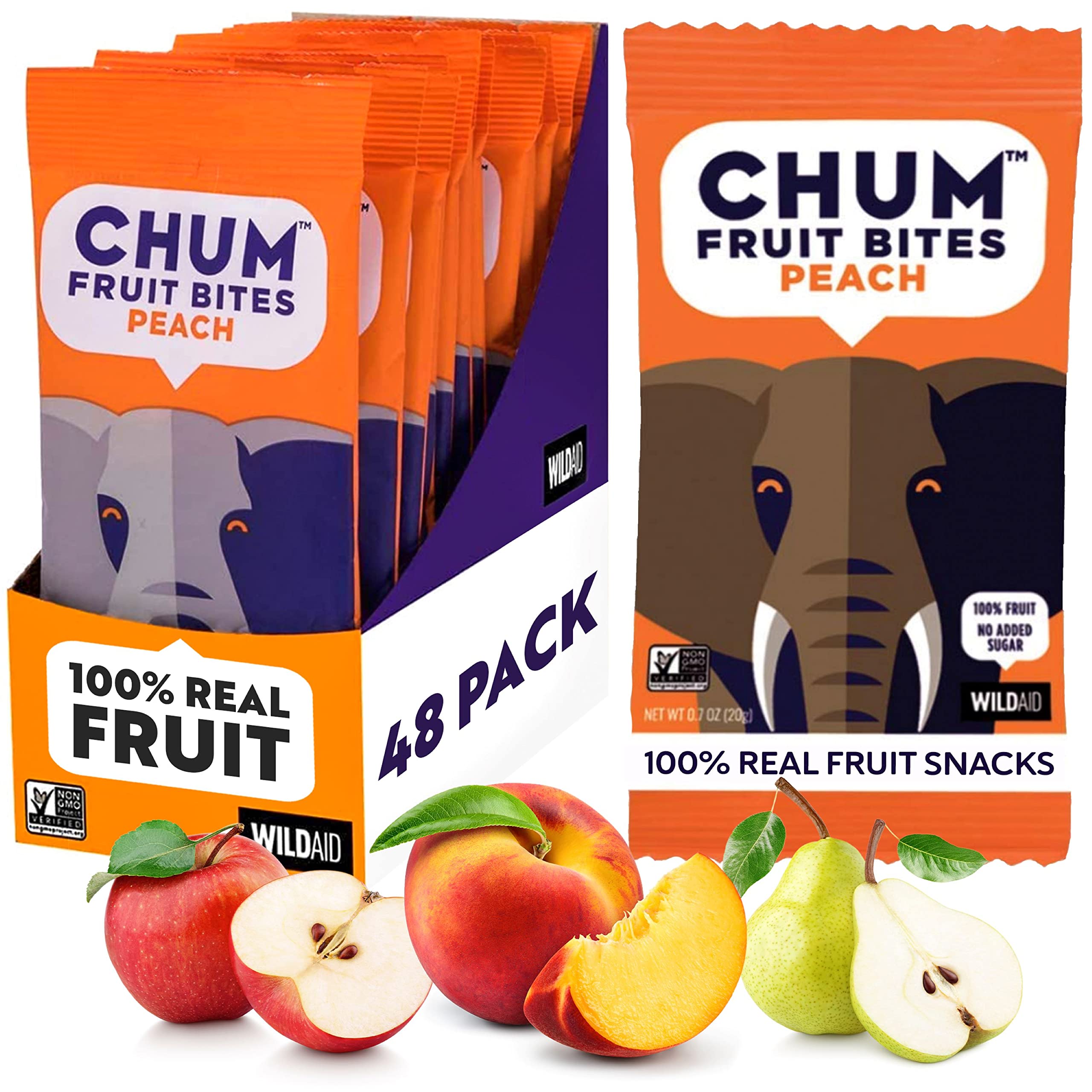 Chum Fruit Snacks 100% Real Fruit Snacks for Kids & Adults - Peach Flavor (48 Pack) | No Added Sugar, All-Natural Healthy Snack | Nut Free, Gluten Free, Vegan, Kosher, Paleo, Non-GMO Certified | Perfect for School Lunches, Office Snacks & On-the-Go Energy Boost