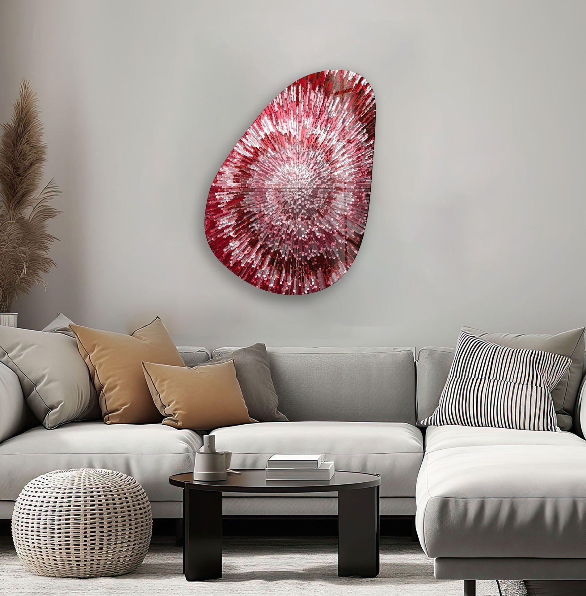 Abstract Red Asymmetrical Oval Glass Wall Art - Modern Home Decor for Living Room, Bedroom & Office