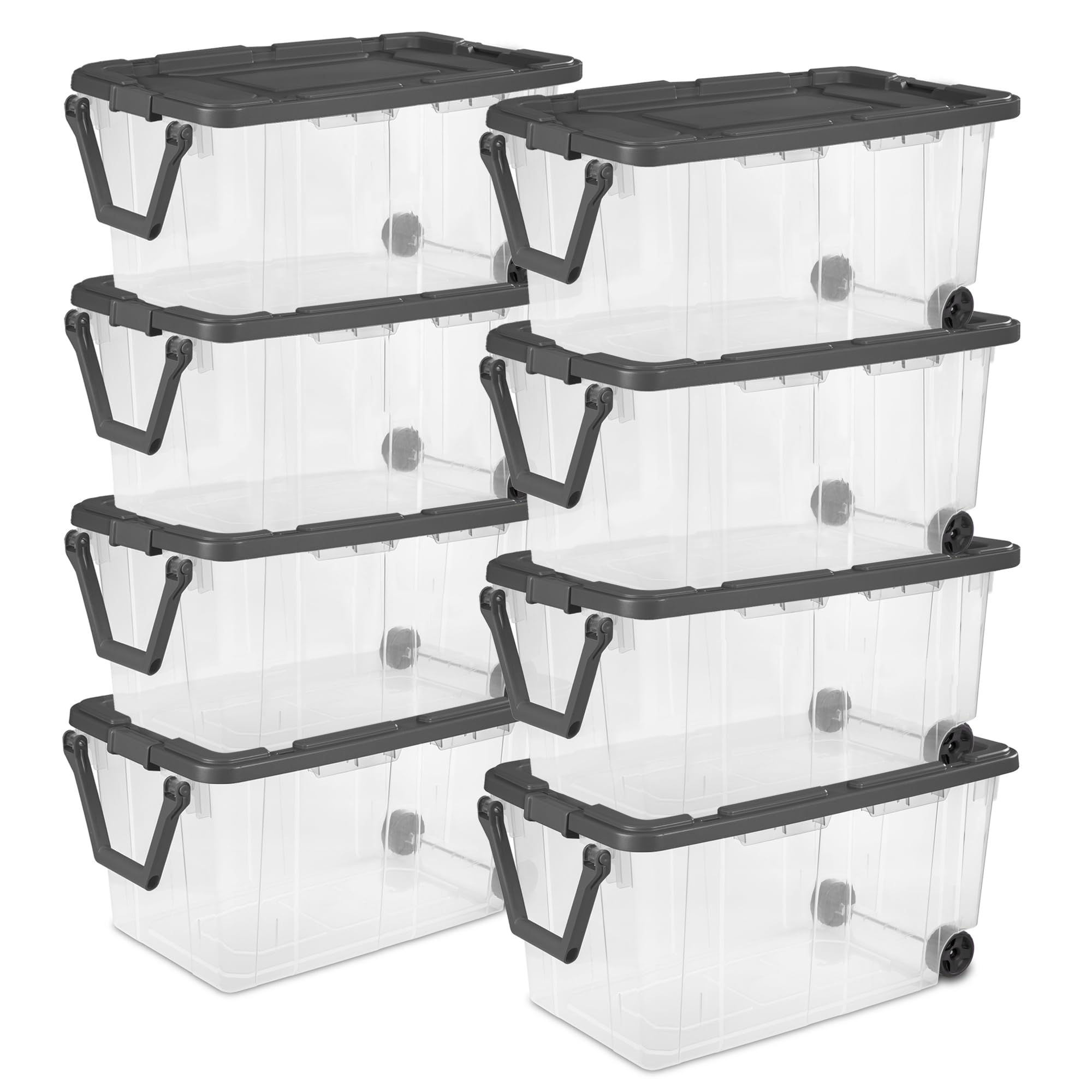 Sterilite 8-Pack 160 Qt Stackable Storage Bins with Latching Lids & Wheels, Gray - Perfect for Home Organization, Garage Storage & Moving Supplies