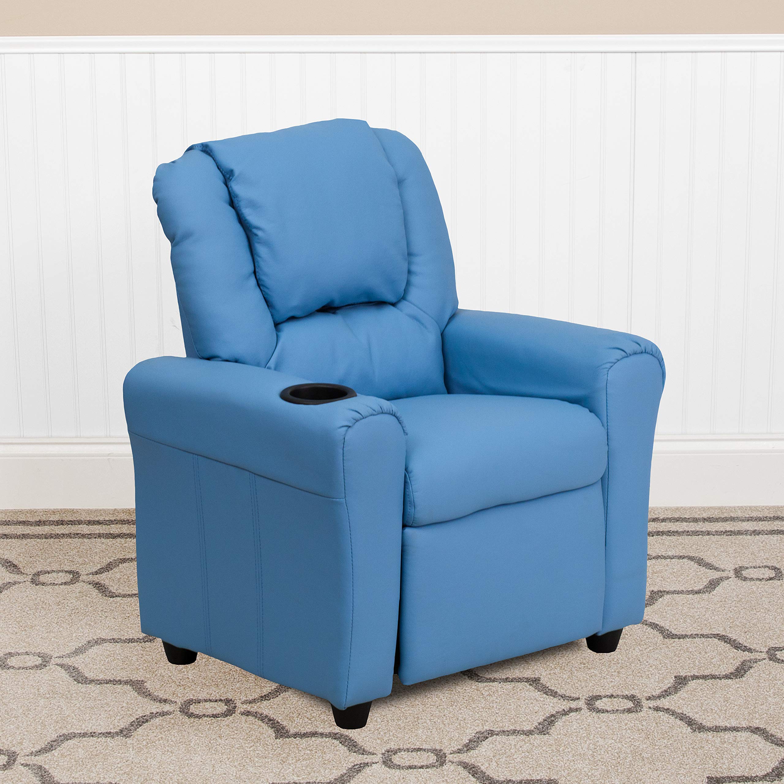 Light Blue Vinyl Kids Recliner Chair with Cup Holder & Headrest - Comfortable Lounge Chair for Children's Bedroom, Playroom or TV Room