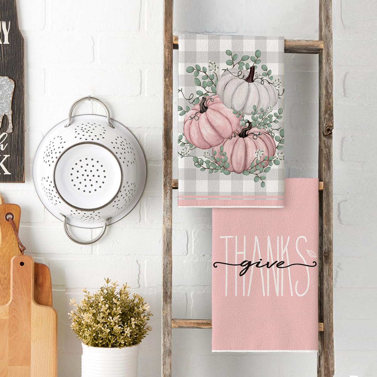Artoid Mode Pink Eucalyptus Leaves Hello Pumpkin Fall Kitchen Towels - Set of 4 Farmhouse Dish Towels 18x26 Inch, Thanksgiving Home Decor Hand Towels for Autumn Kitchen, Dining Room & Farmhouse Decor