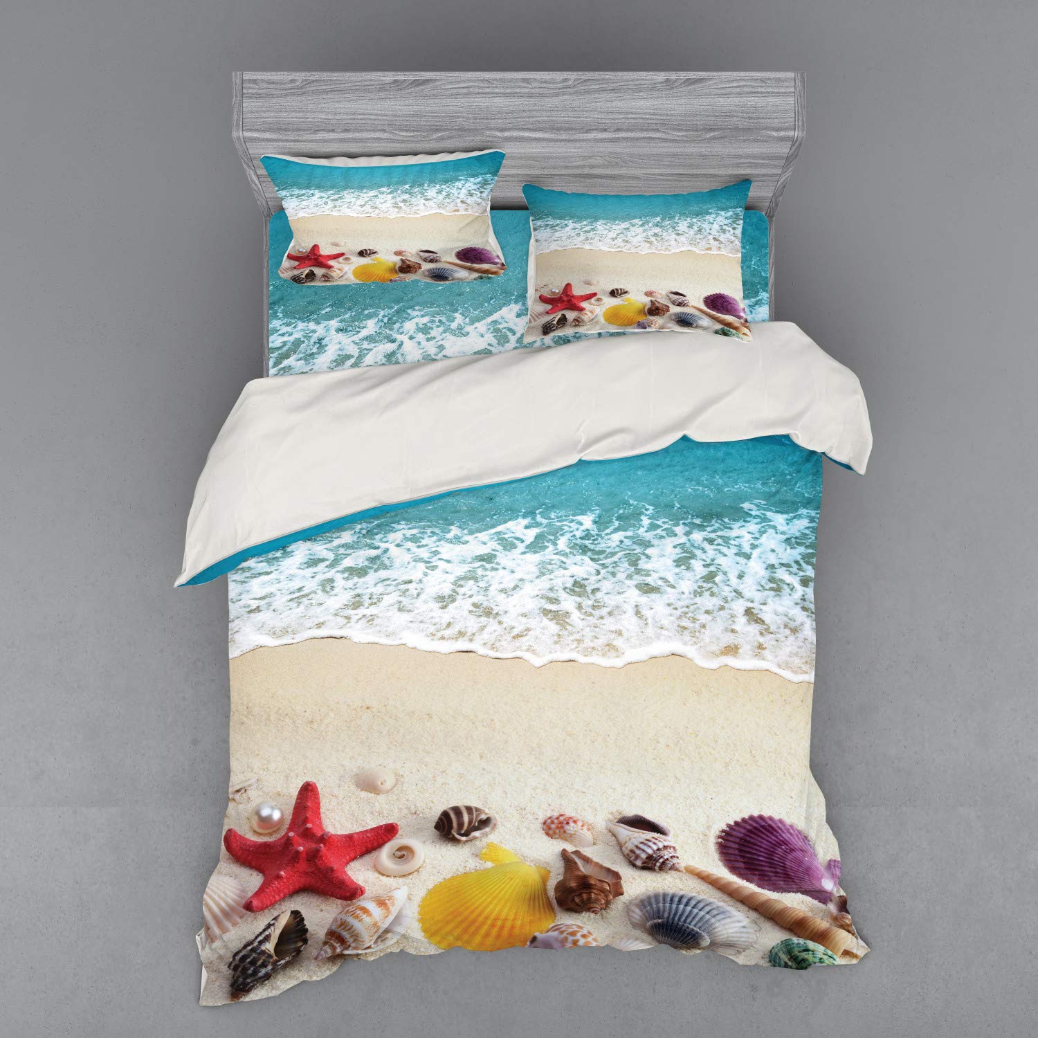 Ambesonne Queen Size 4-Piece Beach Duvet Cover Set - Tropical Sea Shells on Sandy Shore Design, Vibrant Multicolor Bedding with Shams & Fitted Sheet | Perfect for Coastal Decor, Summer Vacation Homes & Tropical Themed Bedrooms