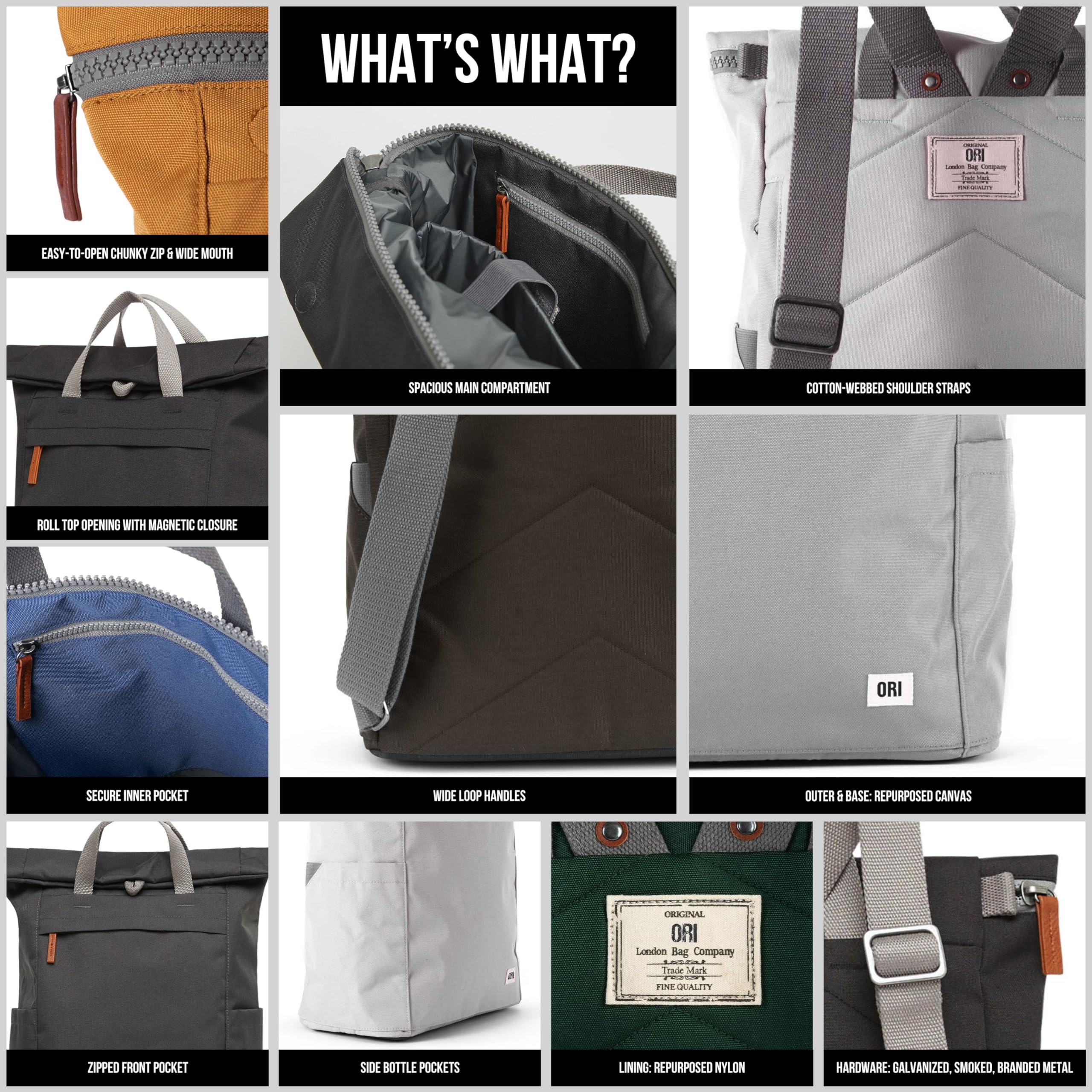 ORI LONDON Finchley Rolltop Backpack - Large Travel Backpack with Pockets for Men & Women - Perfect for Commuting & Outdoor Adventures