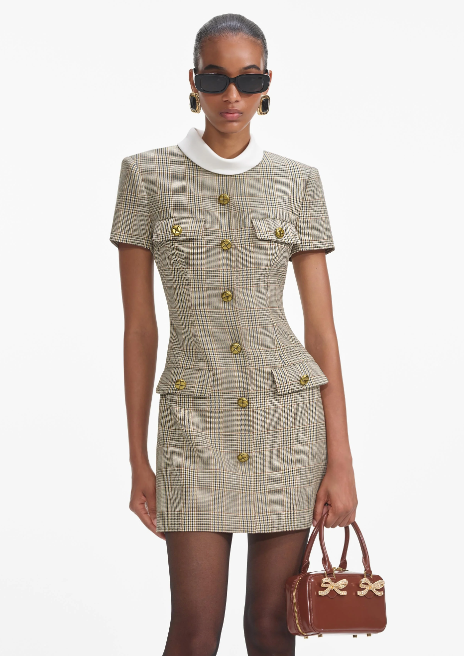 Brown & White Check Wool Mini Dress - Stylish Winter Outfit for Parties & Casual Wear